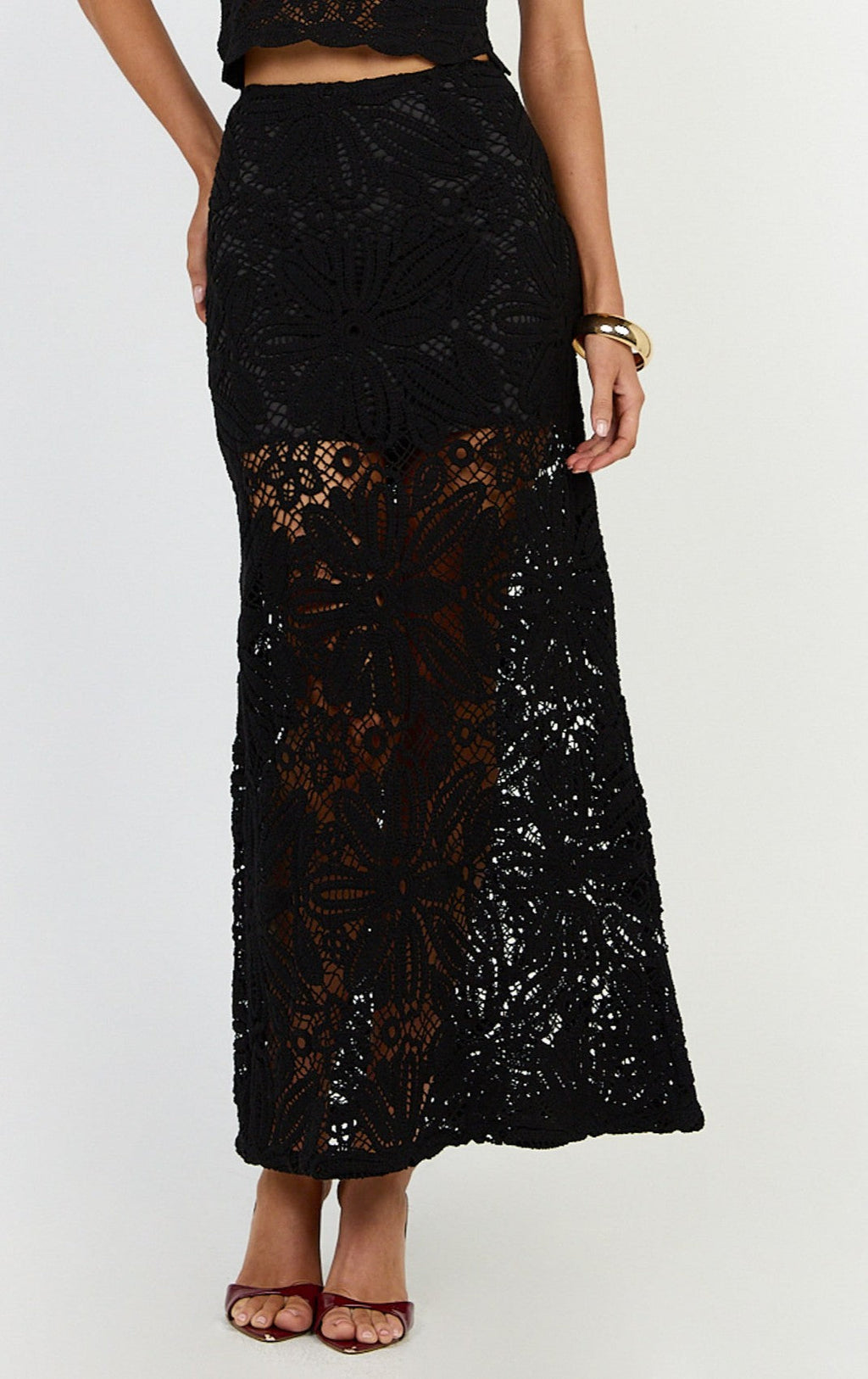 Charlene Maxi Skirt - Crochet Fit And Flare Skirt in Black