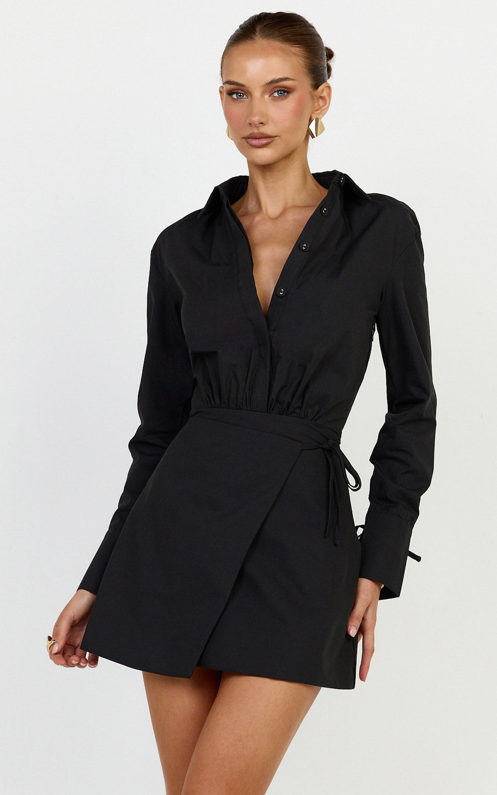 Heath Mini Dress - Collared Button Up Shirt Dress in Black