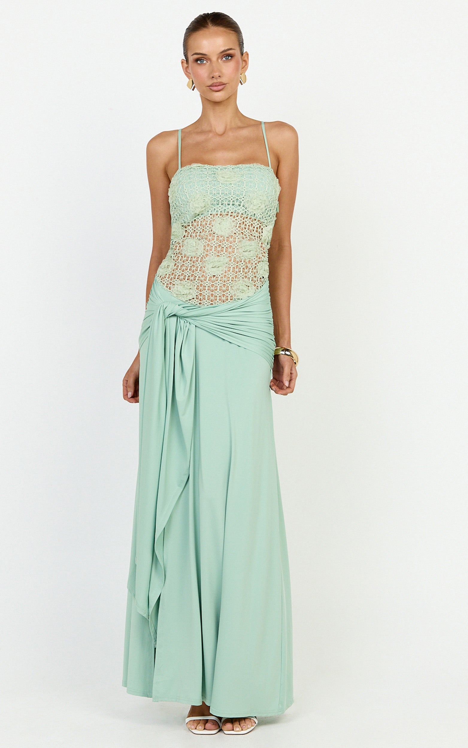 Nerissa Maxi Dress - Crochet Floral Embellished Bodice Drop Tie Waist Dress in Sage