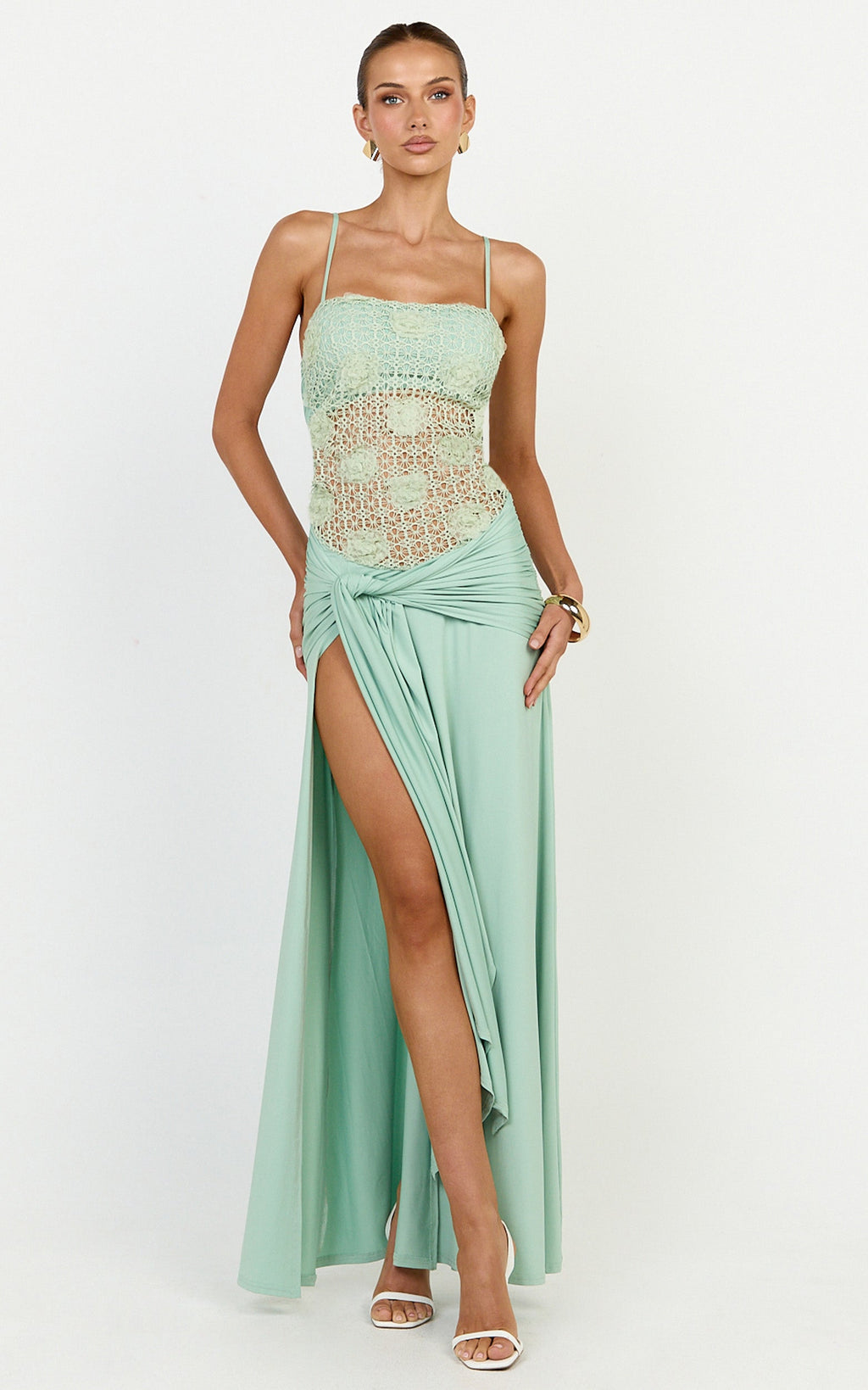 Nerissa Maxi Dress - Crochet Floral Embellished Bodice Drop Tie Waist Dress in Sage
