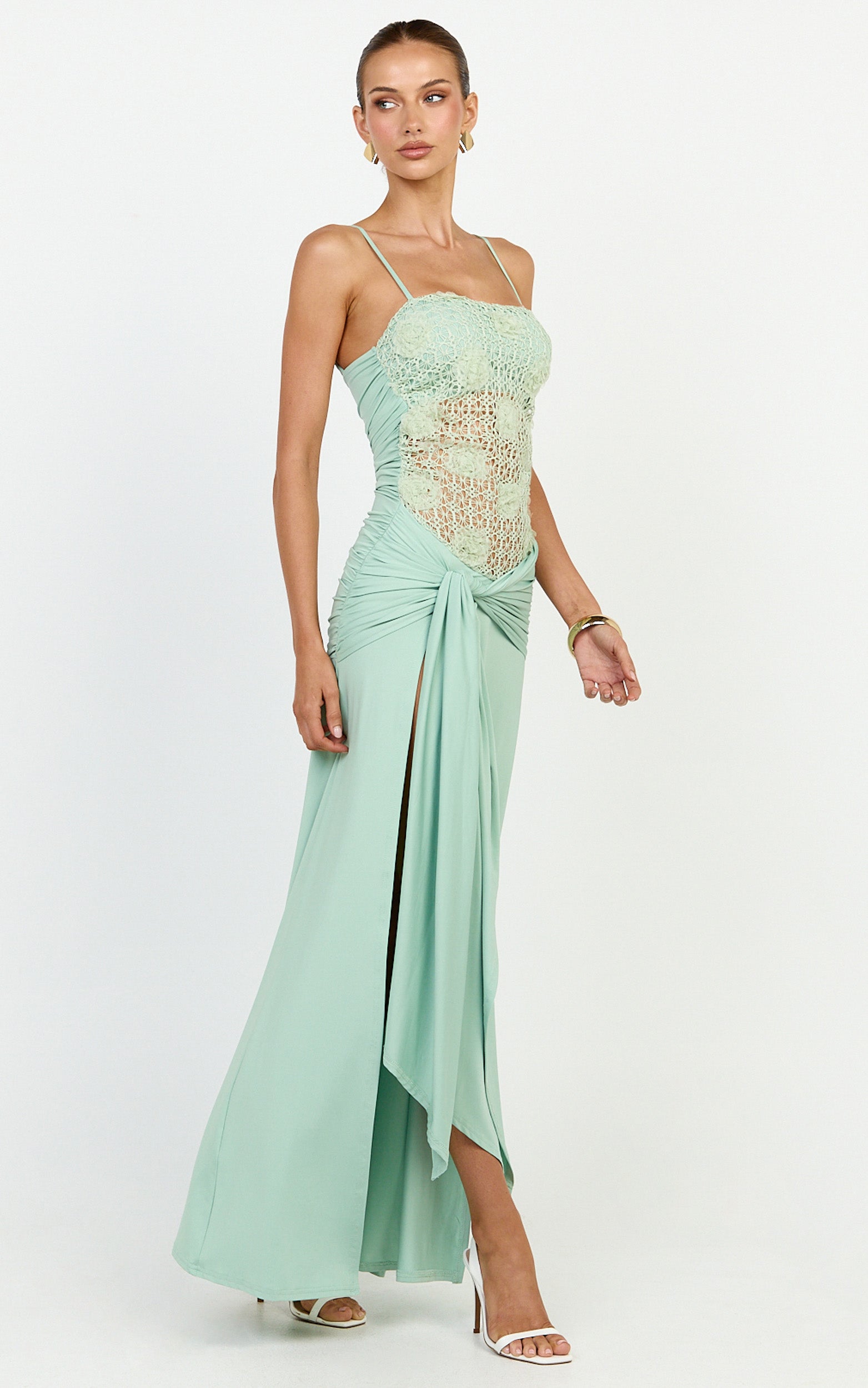 Nerissa Maxi Dress - Crochet Floral Embellished Bodice Drop Tie Waist Dress in Sage