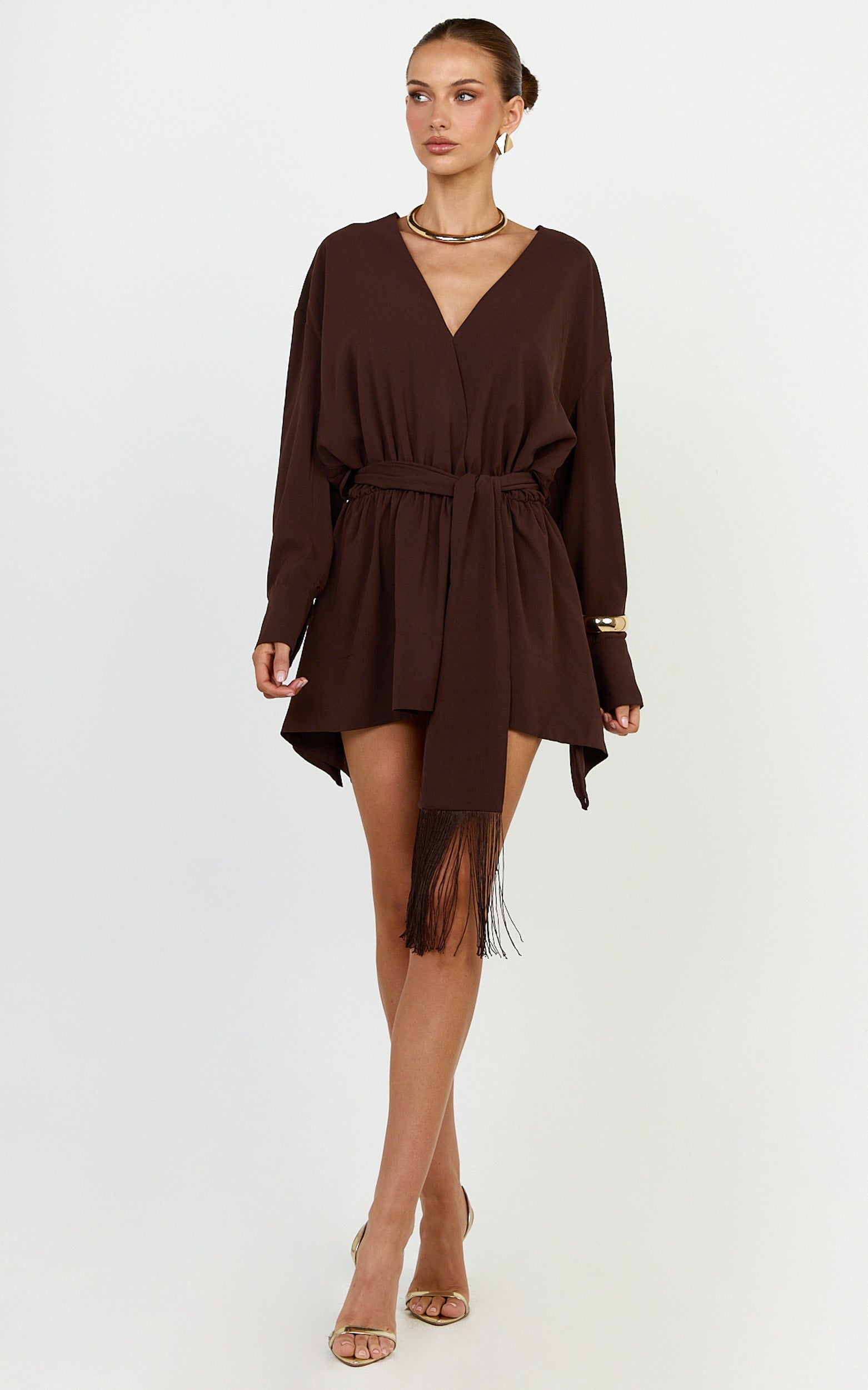 Ariette Mini Dress - Plunge Neck Fringe Detail Belt Dress in Chocolate