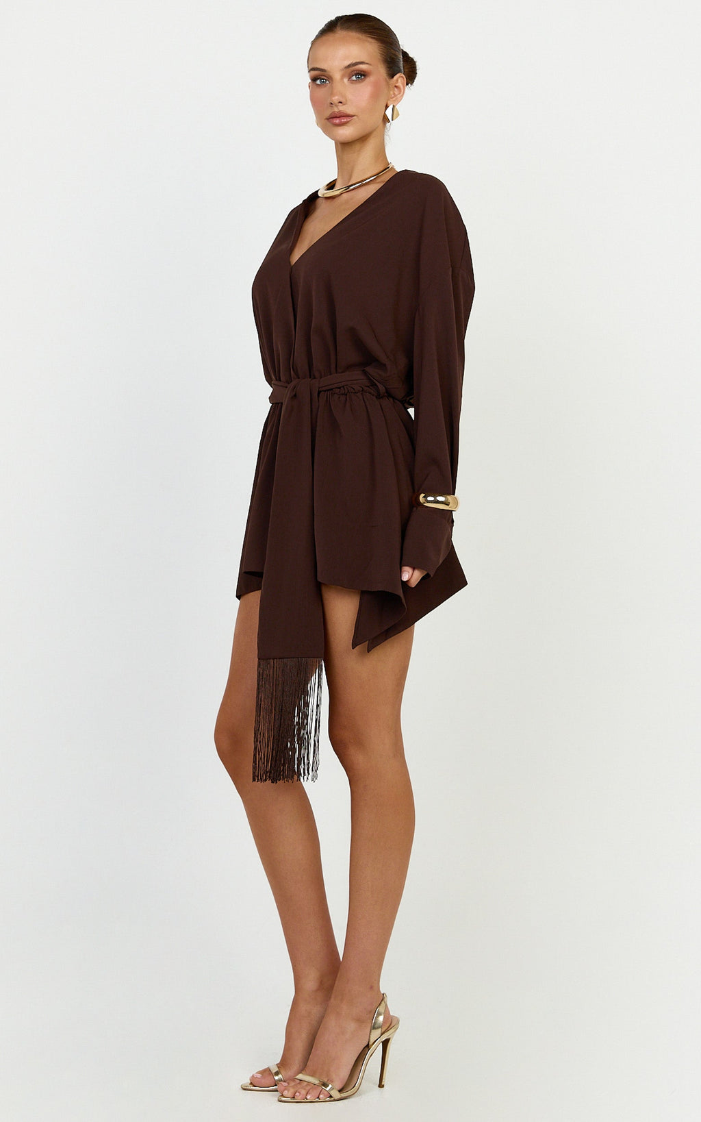Ariette Mini Dress - Plunge Neck Fringe Detail Belt Dress in Chocolate