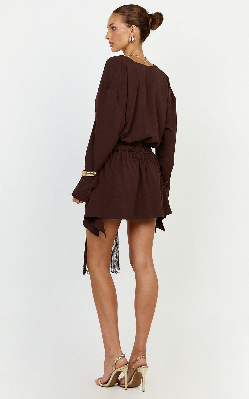 Ariette Mini Dress - Plunge Neck Fringe Detail Belt Dress in Chocolate
