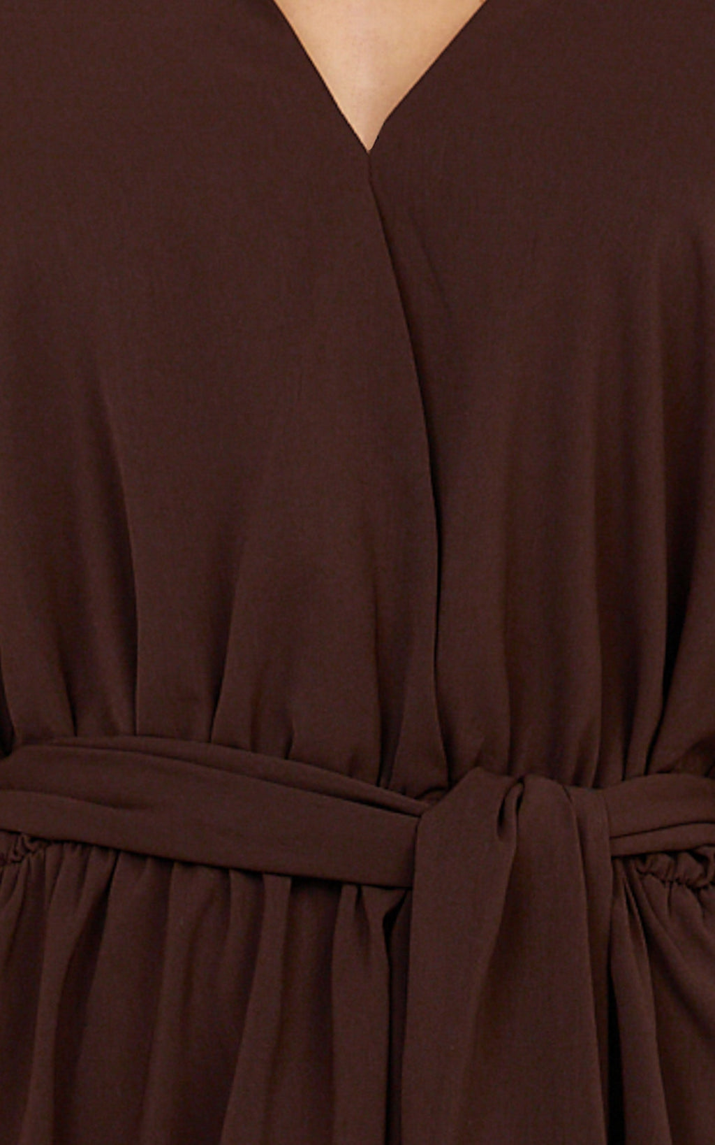 Ariette Mini Dress - Plunge Neck Fringe Detail Belt Dress in Chocolate