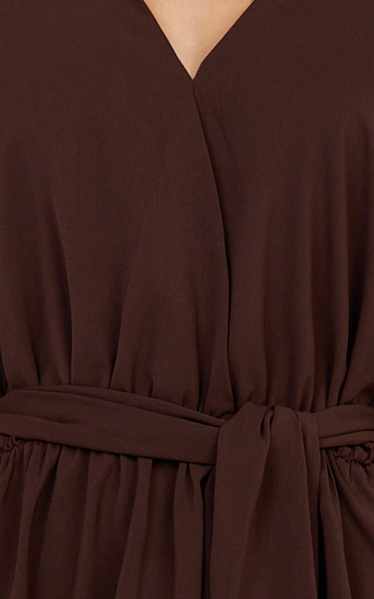 Ariette Mini Dress - Plunge Neck Fringe Detail Belt Dress in Chocolate