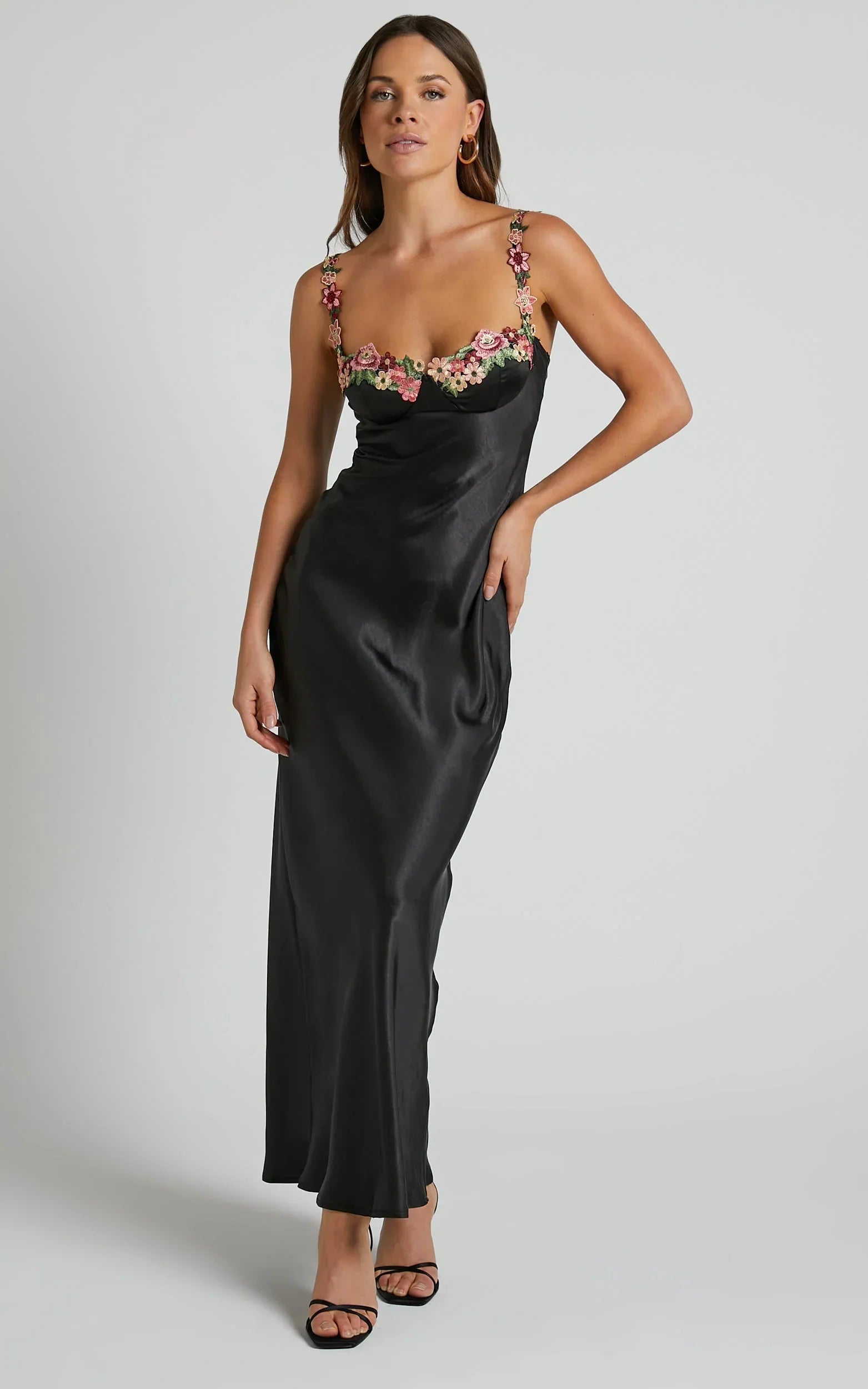 Harmony Midi Dress - Floral Detail Cup Bust Satin Dress in Black