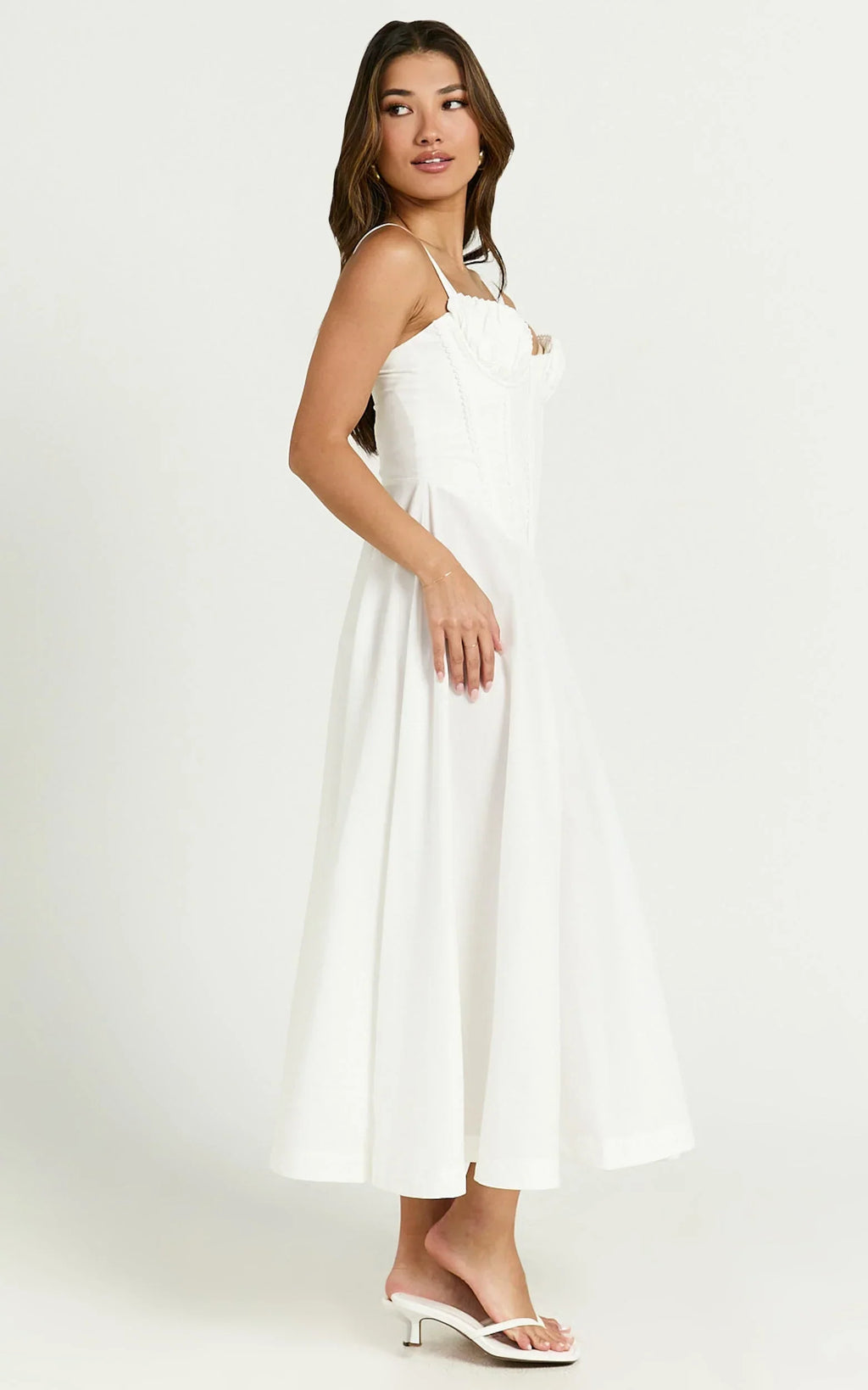 Jonas Midi Dress - Ruched Corset Lace Trim Dress in Ivory