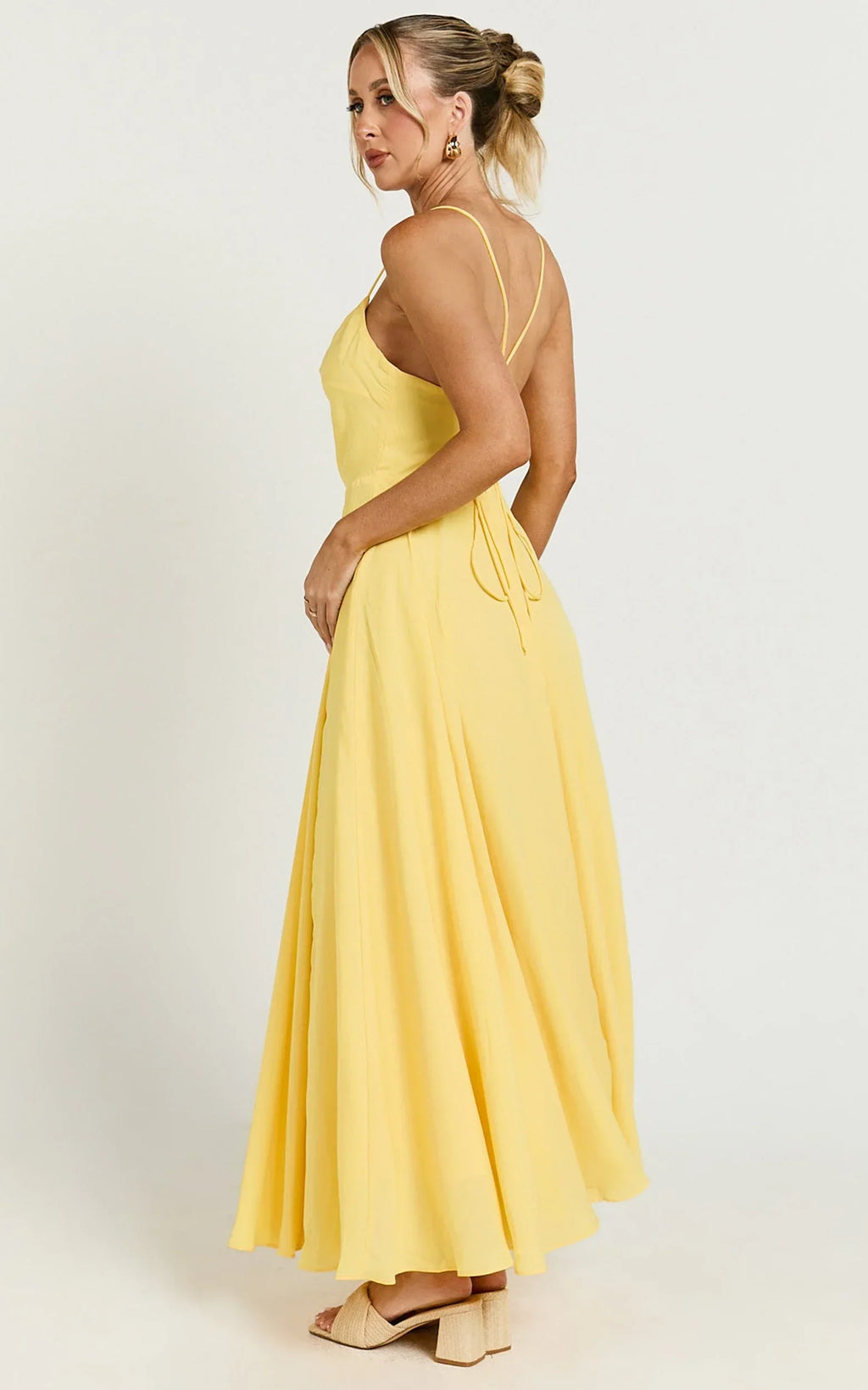 Celestine Midi Dress - Lace Up Back Cowl Neck Dress in Lemon