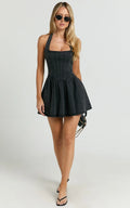Hayes Mini Dress - Halter Neck Corset Bodice Dress in Washed Black