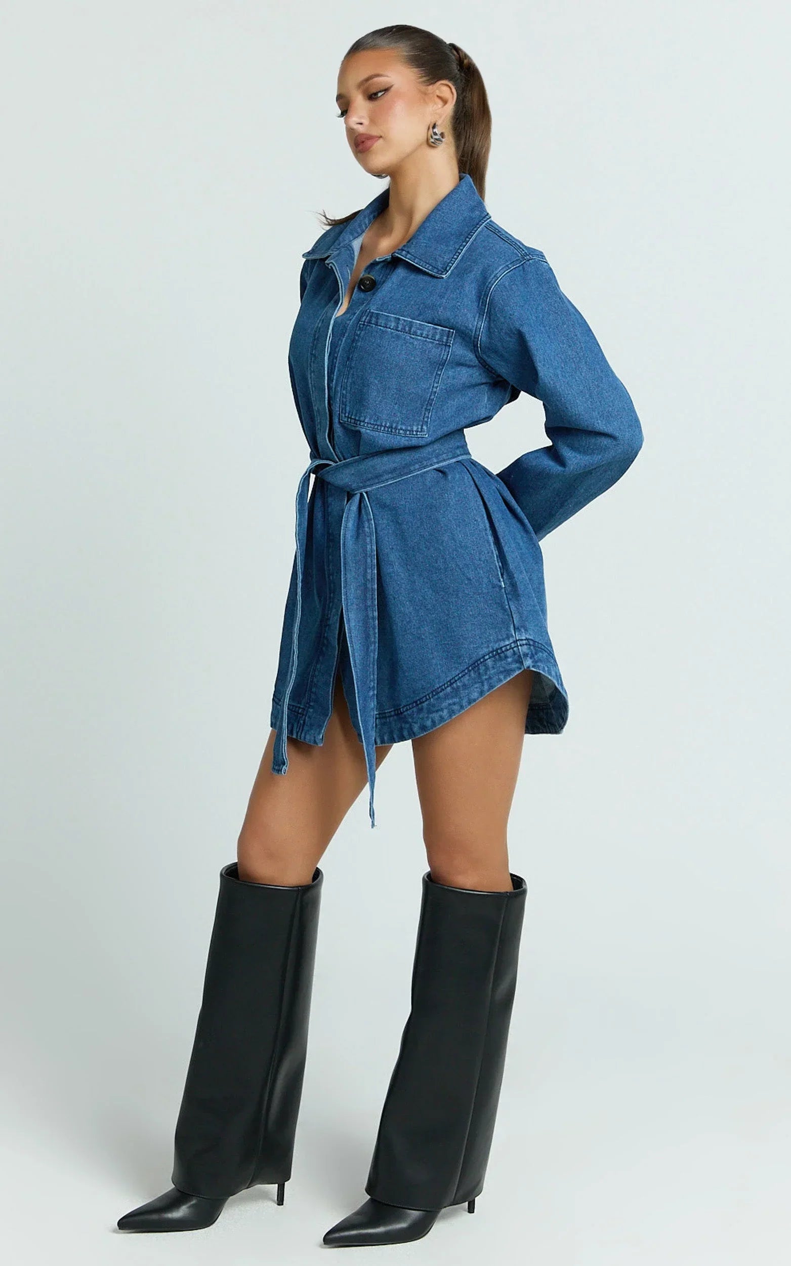 Esme Mini Dress - Denim Shirt Dress with Detachable Belt in Dark Mid Blue