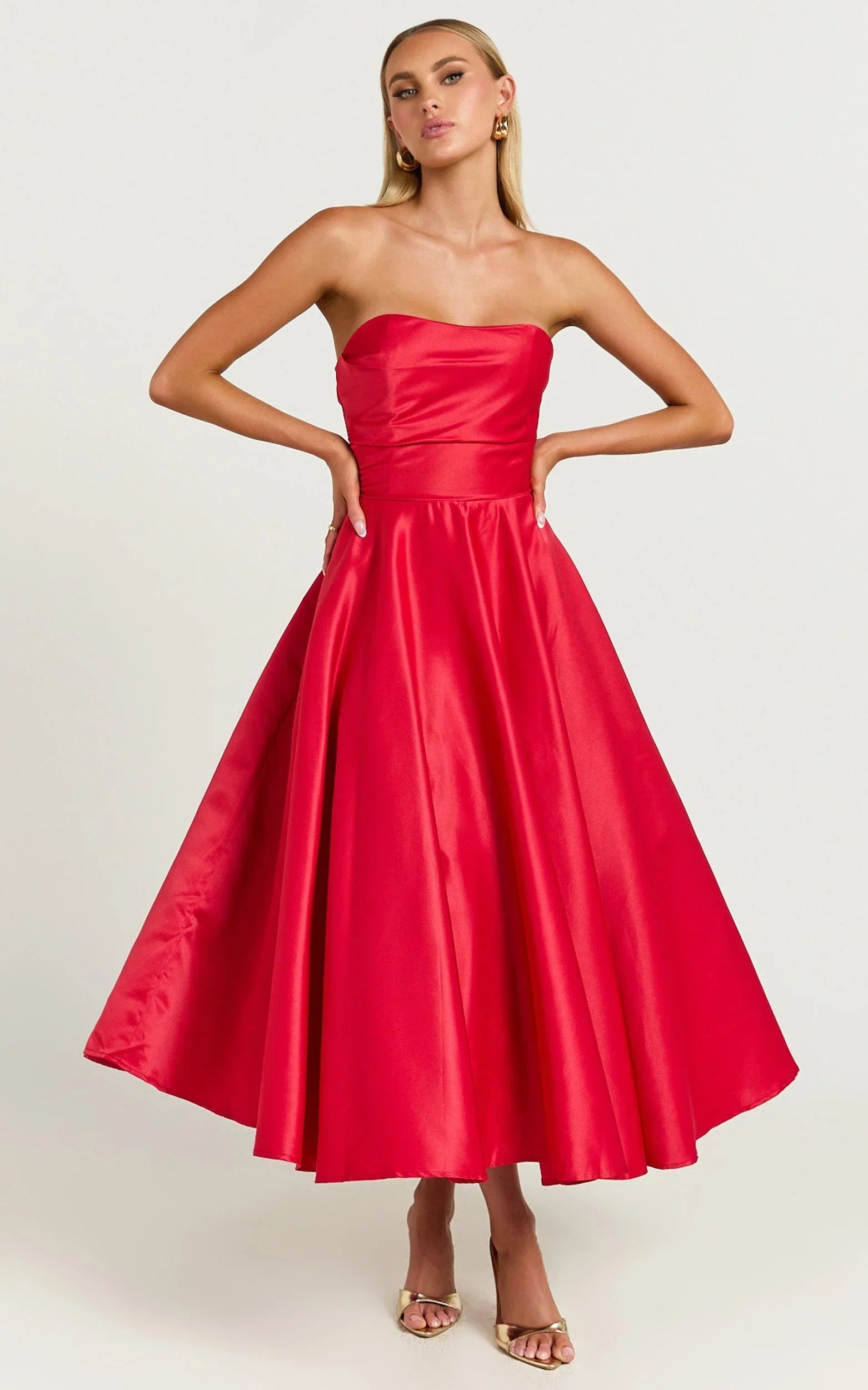 Helaina Midi Dress - Line Satin Dress in Red
