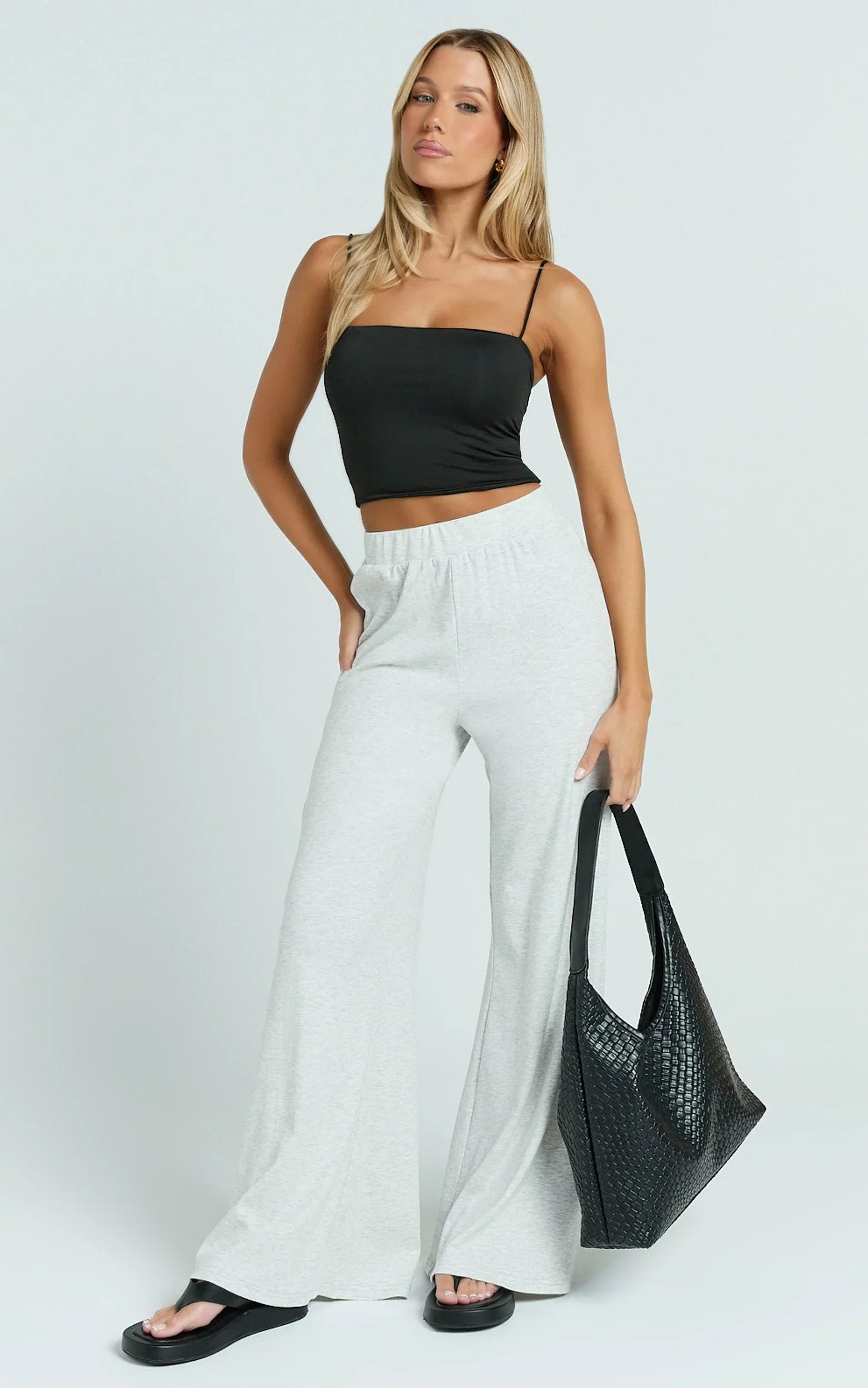 Amalthea Pants - High Waisted Jersey Rib Wide Leg Pants in Light Grey Marl