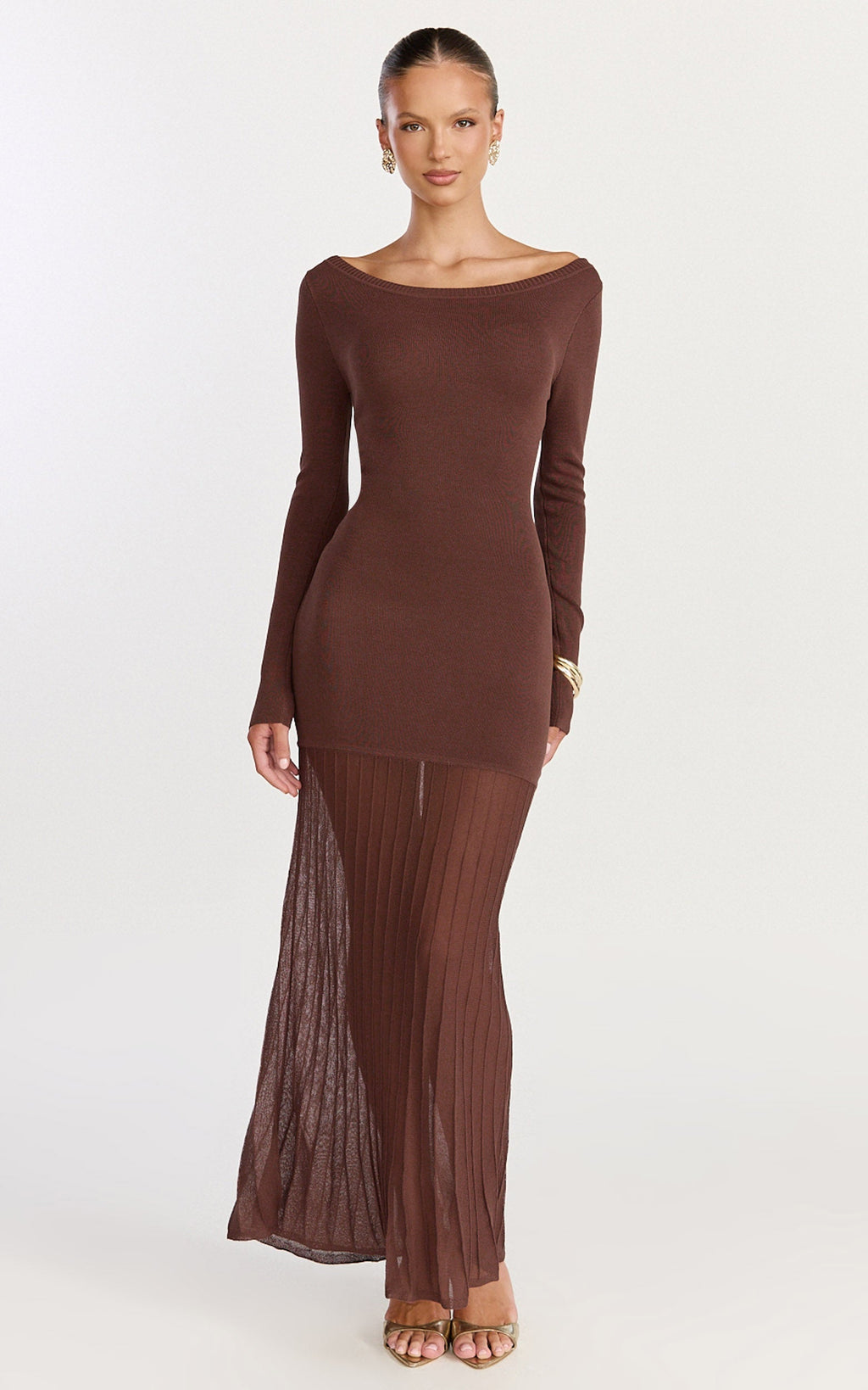 Delphine Maxi Dress - Long Sleeve Knit Sheer Pleated Skirt Maxi Dress in Chocolate