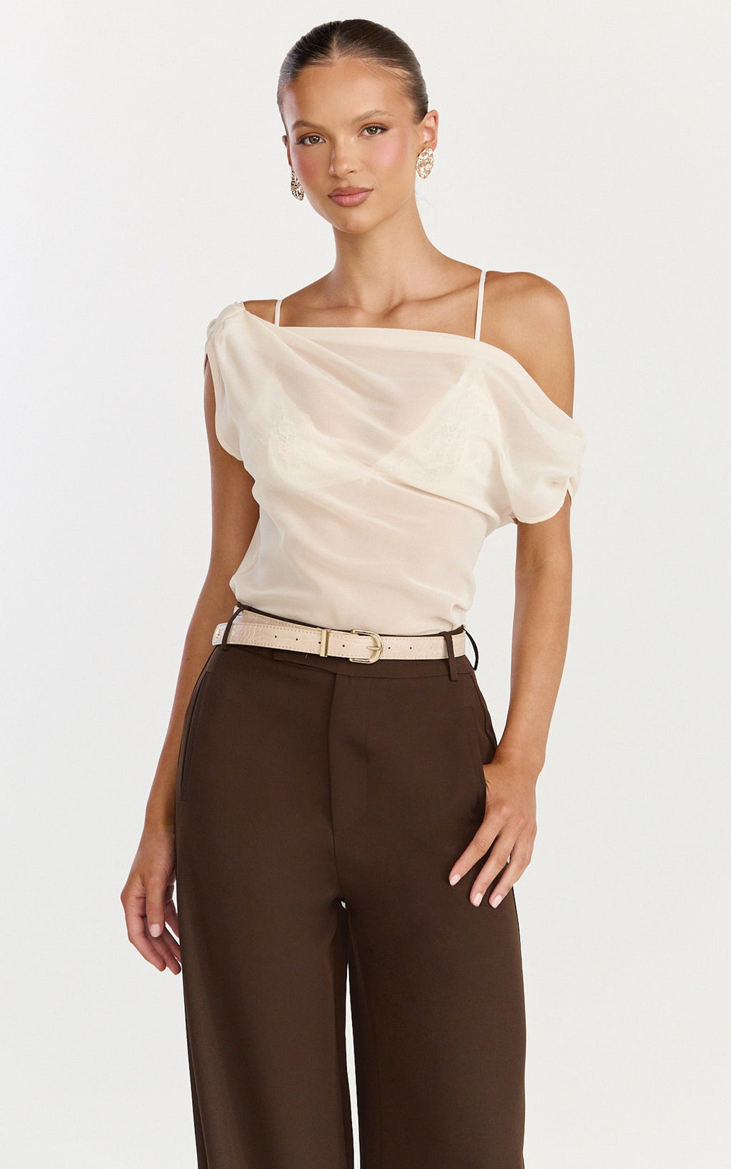 Milla Top - Georgette Asymmetric Draped Top in Cream