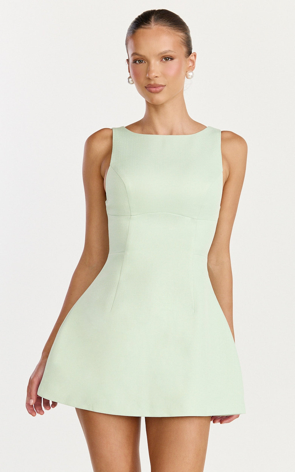 Raquelle Mini Dress - Boucle Boat Neck V Back Fit and Flare Dress in Pistachio