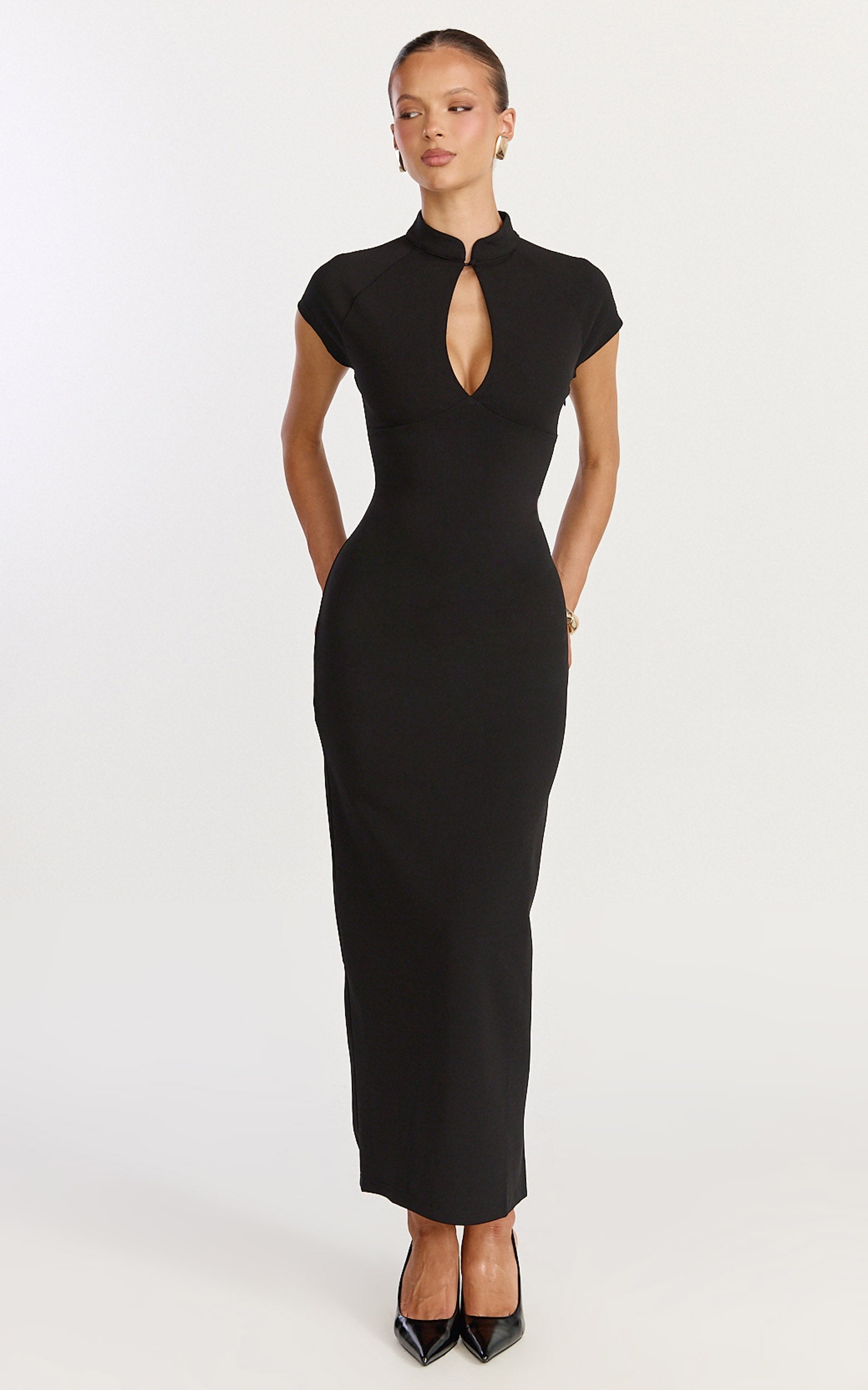 Cassienne Midi Dress - High Neck Keyhole Cut Out Bodycon Midi Dress in Black
