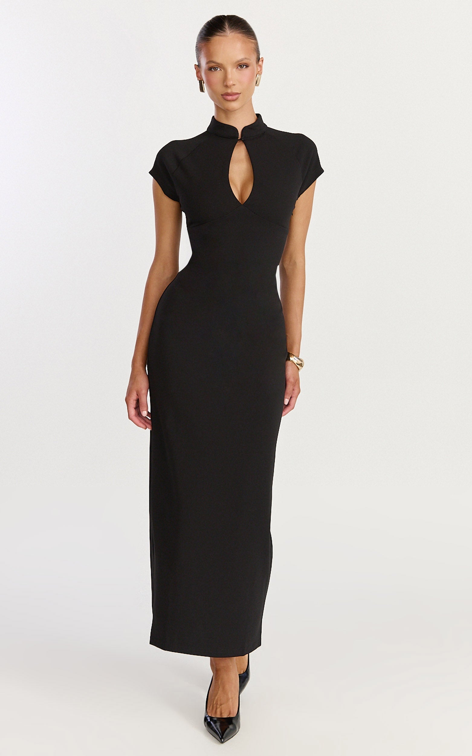 Cassienne Midi Dress - High Neck Keyhole Cut Out Bodycon Midi Dress in Black