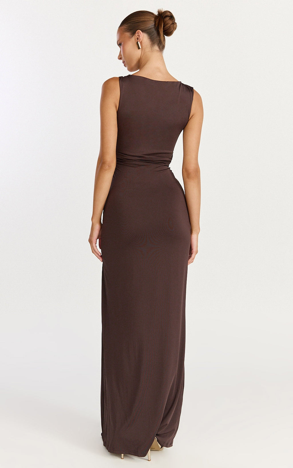 Coraline Maxi Dress - High Neck Sleeveless Draped Sash Dress in Chocolate