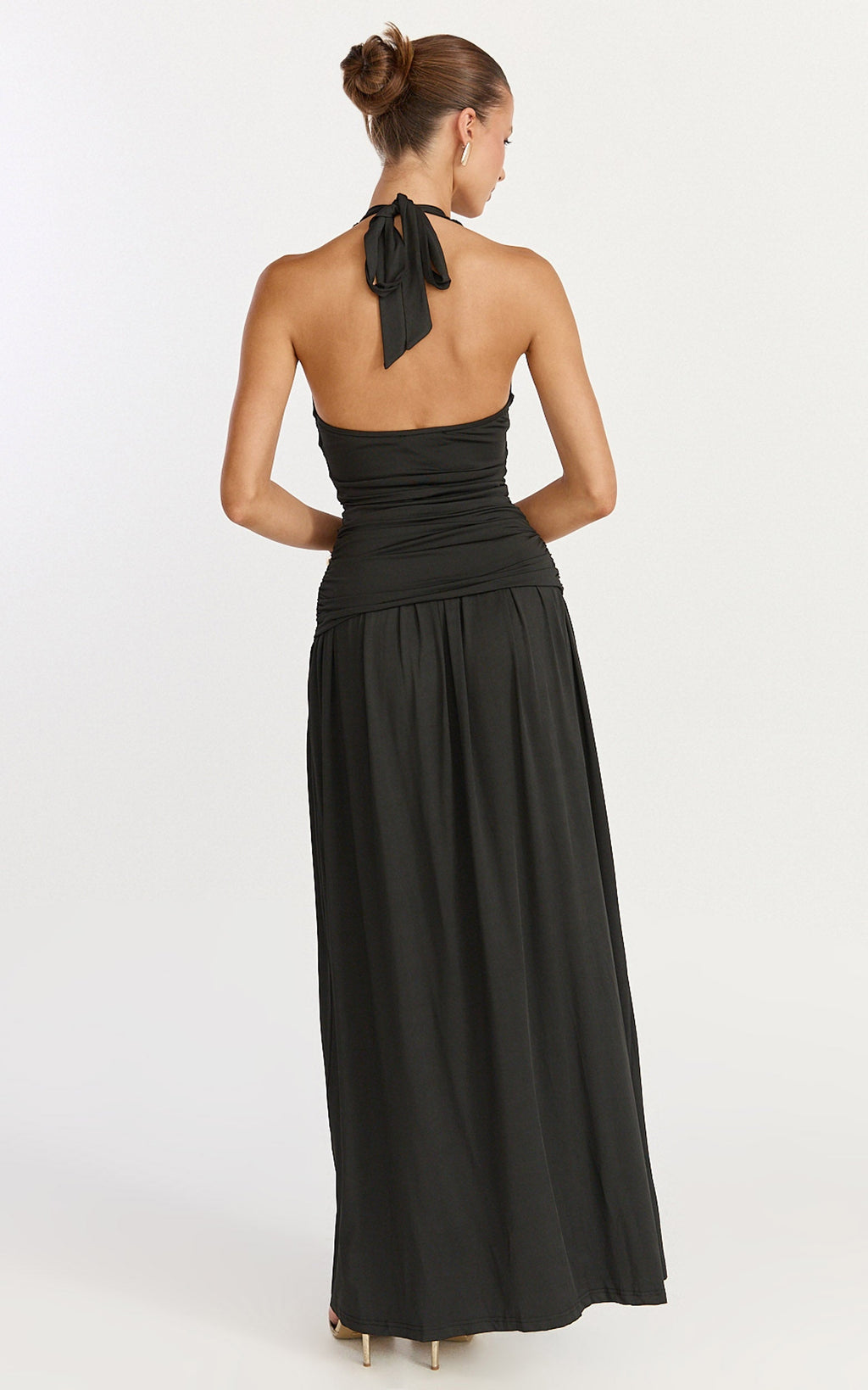Coraline Maxi Dress - Plunge Neckline Double Waist Sash Halter Dress in Black