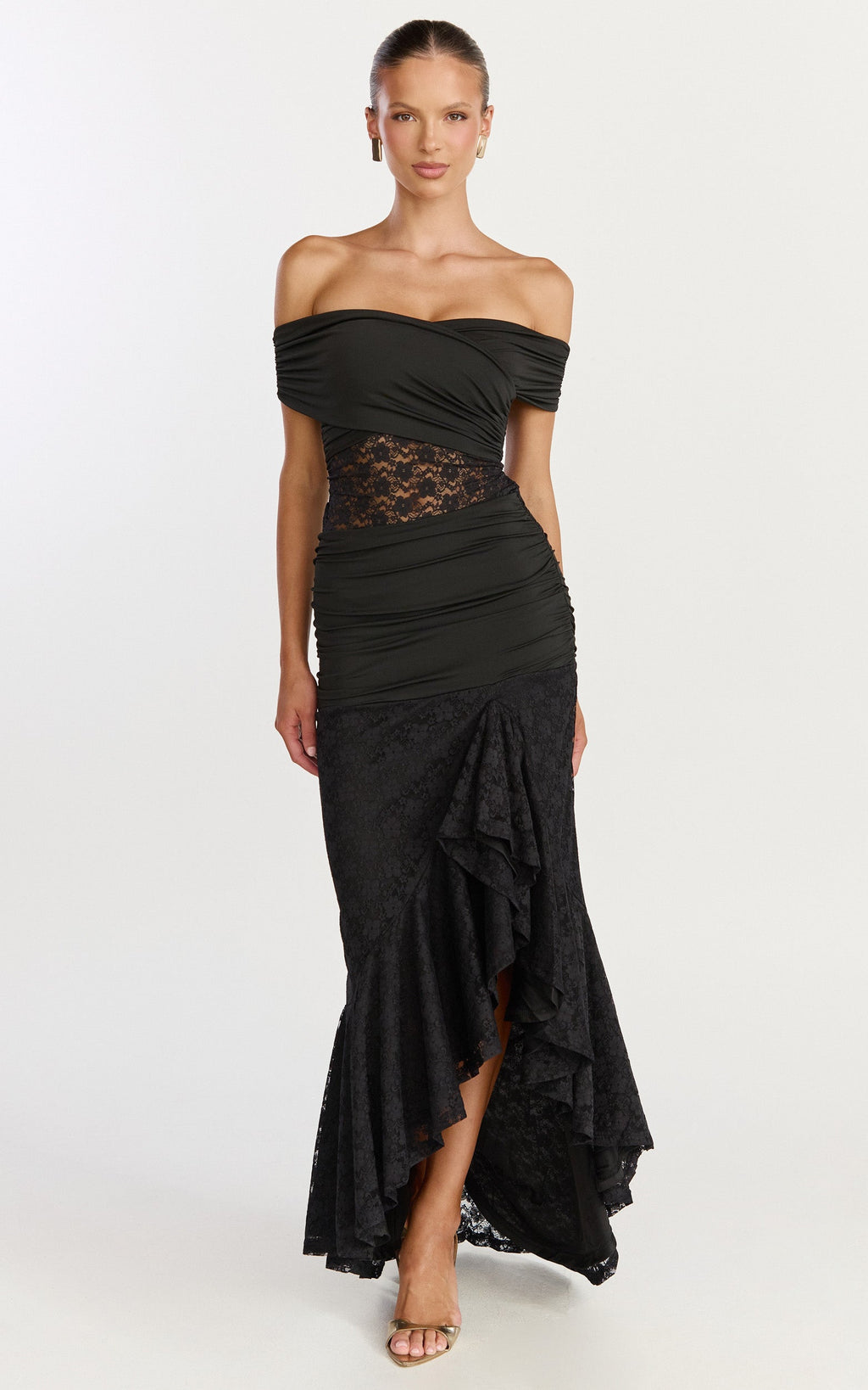 Kaia Maxi Dress - Off Shoulder Long Sleeve Ruffle Hem Lace Dress in Black