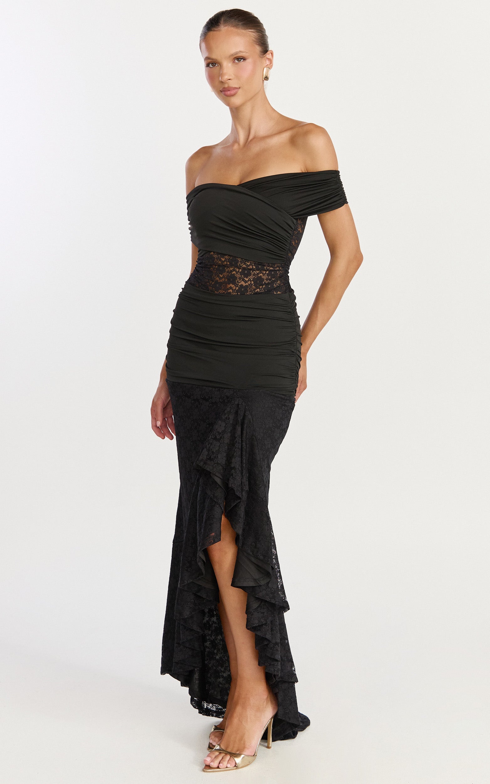 Kaia Maxi Dress - Off Shoulder Long Sleeve Ruffle Hem Lace Dress in Black