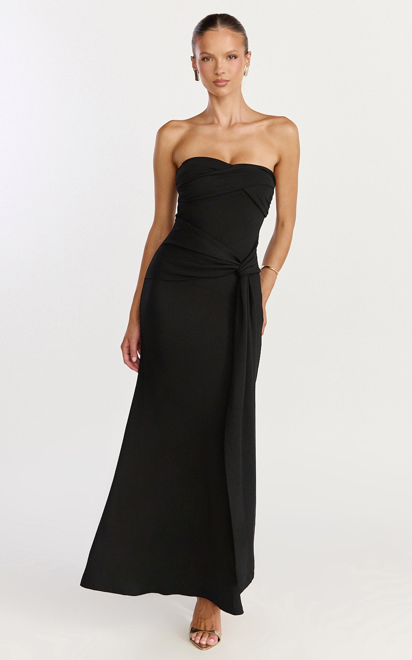 Aria Midi Dress - Strapless Tie Waist Dress in Black