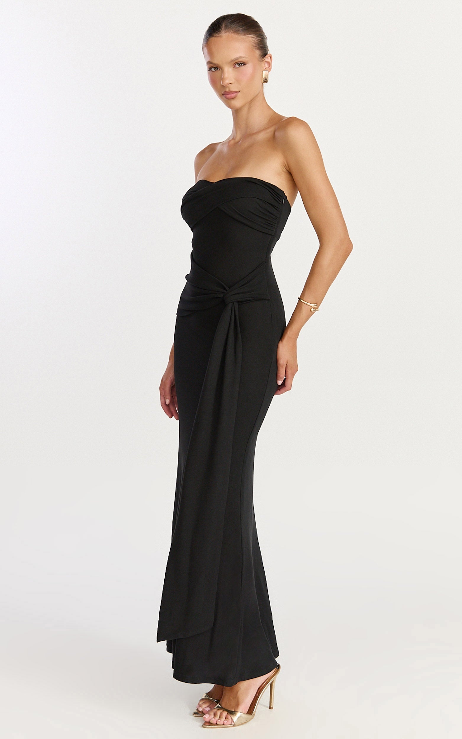 Aria Midi Dress - Strapless Tie Waist Dress in Black