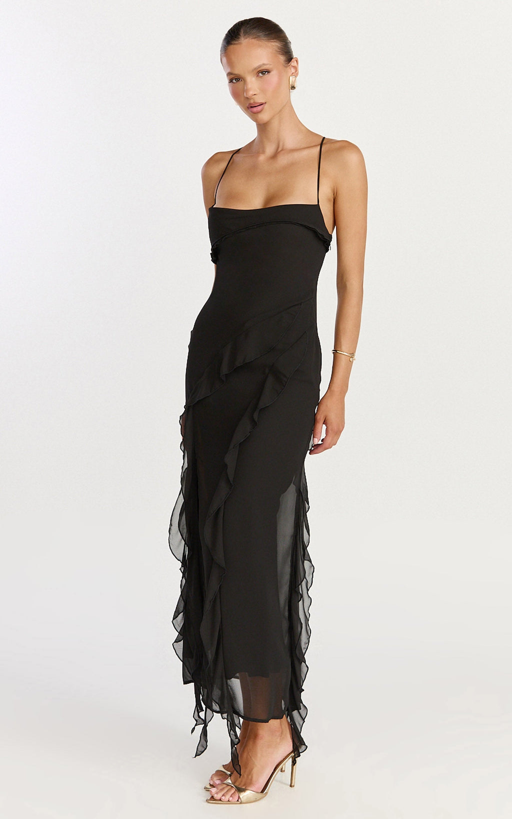 Connie Midi Dress - Ruffle Detail Dress in Black