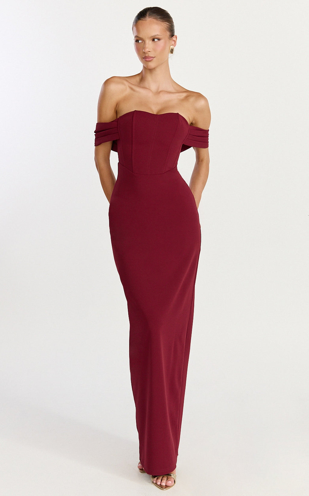 Karina Maxi Dress - Off Shoulder Corset Bodice Lace Up Back Dress in Wine