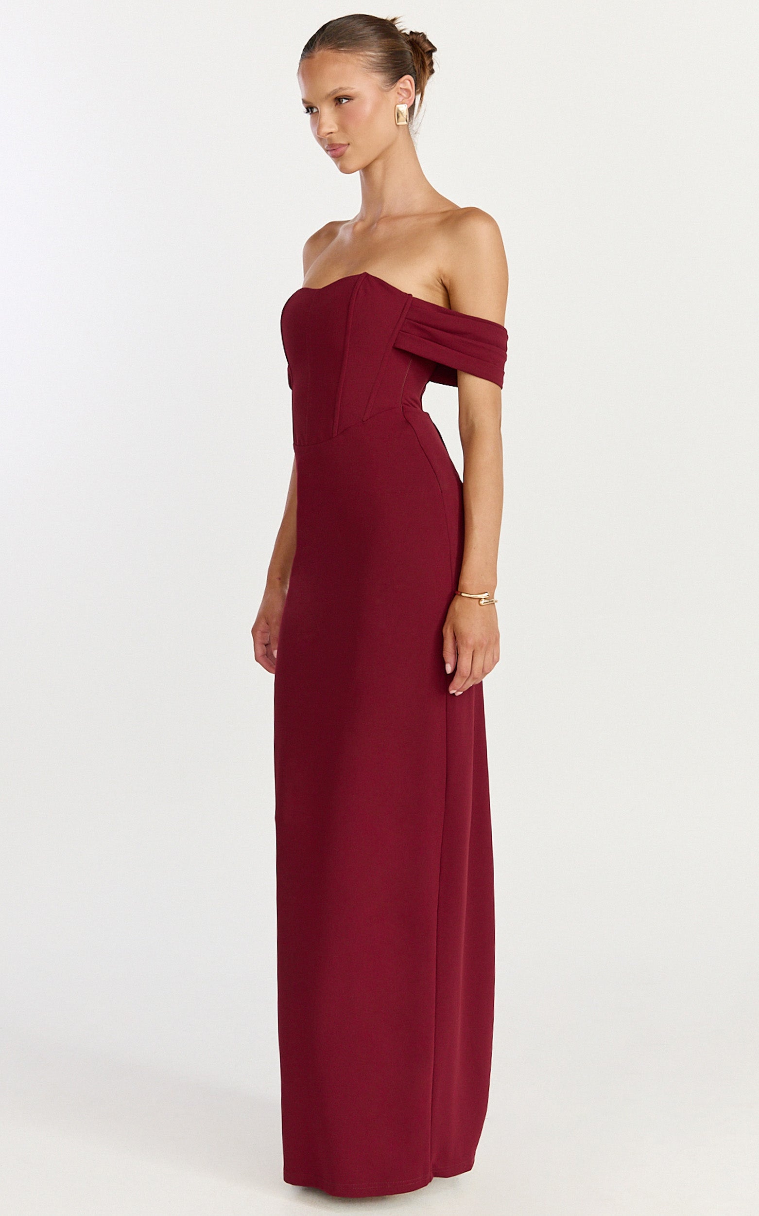 Karina Maxi Dress - Off Shoulder Corset Bodice Lace Up Back Dress in Wine