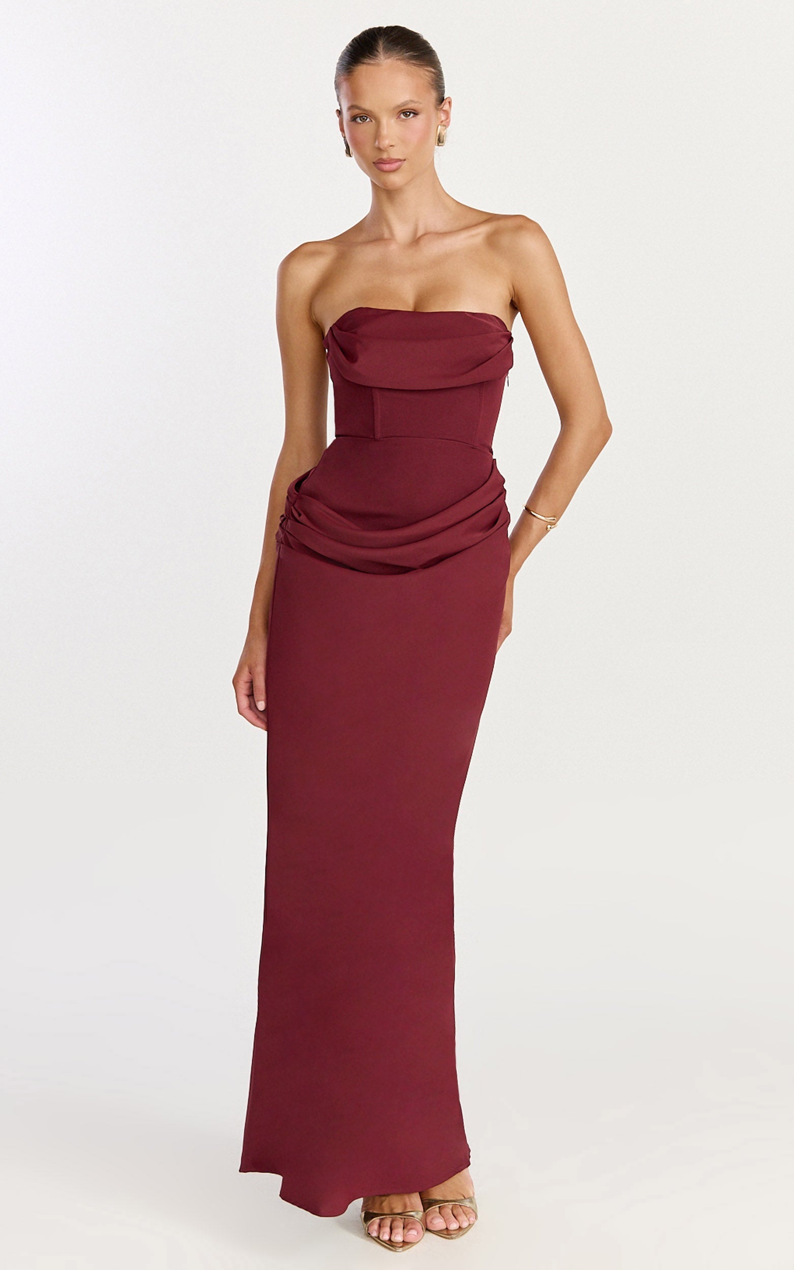 Phoebe Maxi Dress - Strapless Structured Bodice Drape Skirt Dress in Wine