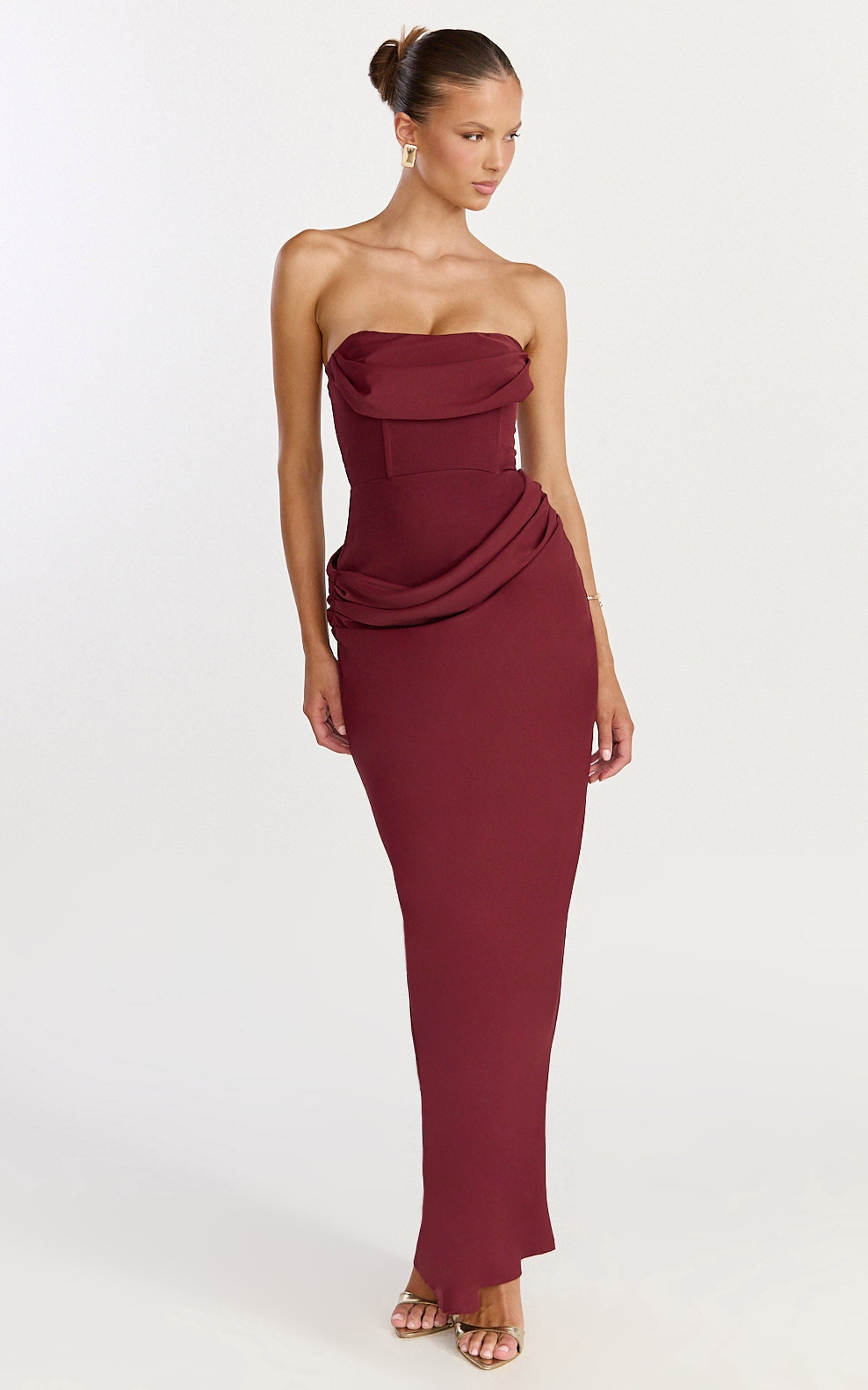 Phoebe Maxi Dress - Strapless Structured Bodice Drape Skirt Dress in Wine
