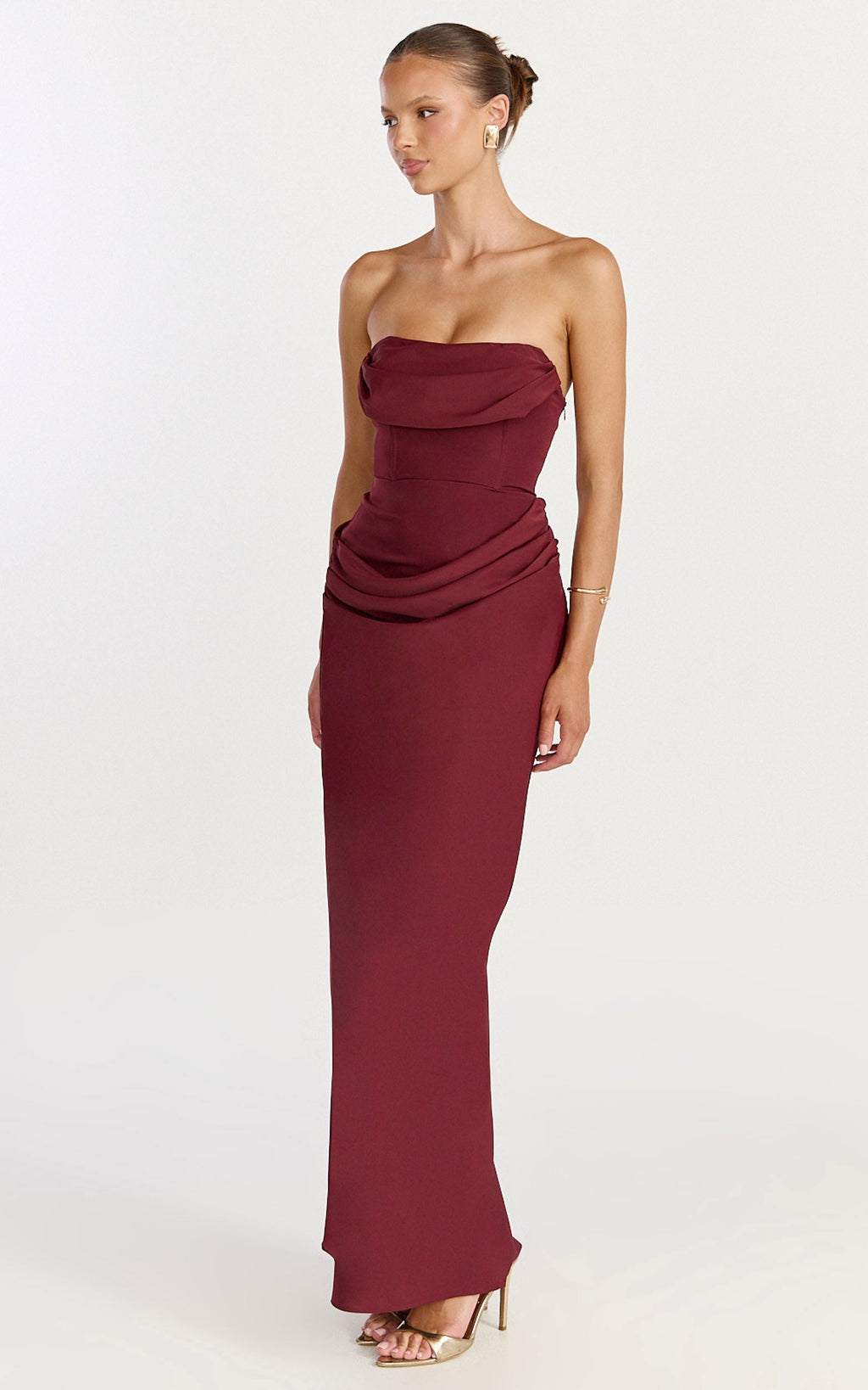 Phoebe Maxi Dress - Strapless Structured Bodice Drape Skirt Dress in Wine