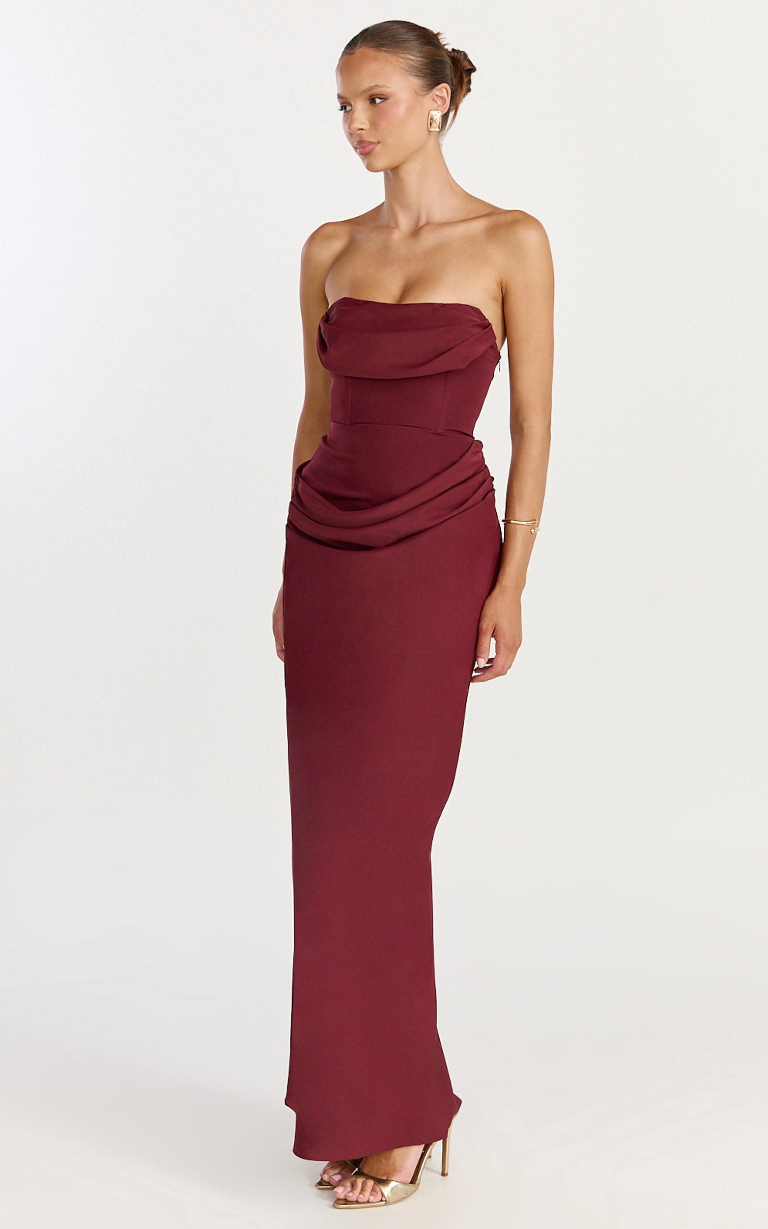 Phoebe Maxi Dress - Strapless Structured Bodice Drape Skirt Dress in Wine