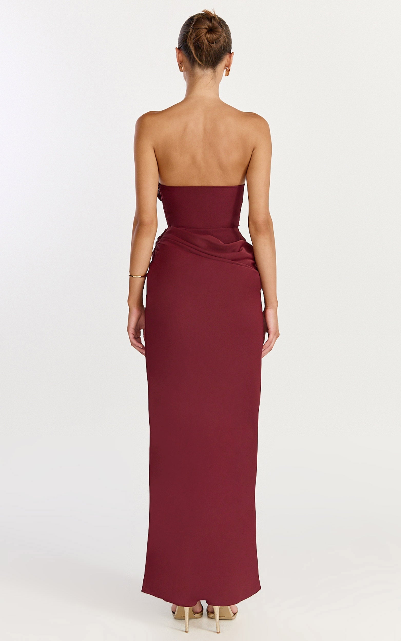 Phoebe Maxi Dress - Strapless Structured Bodice Drape Skirt Dress in Wine