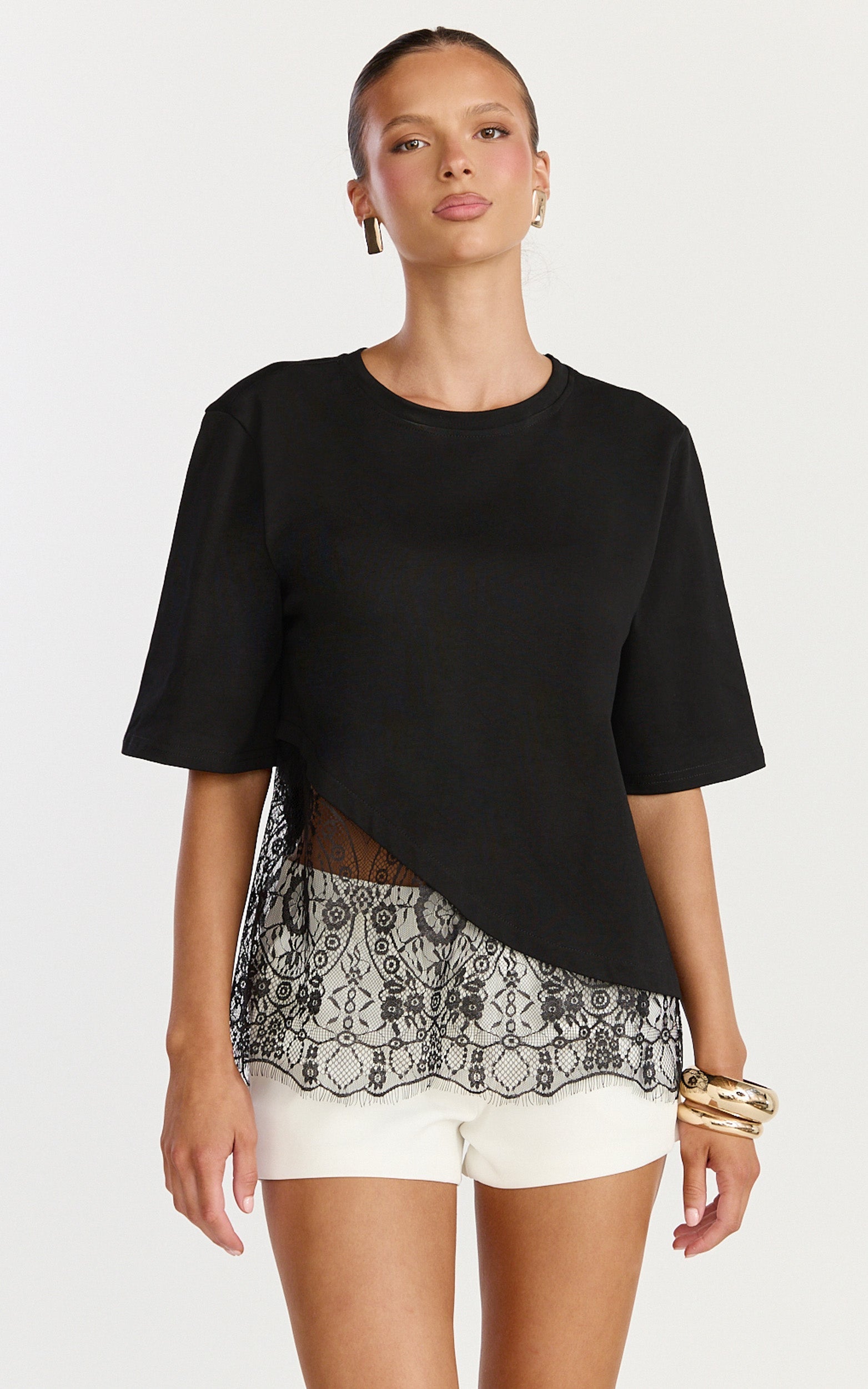 Abby Top - Asym Tee with Lace Trim in Black