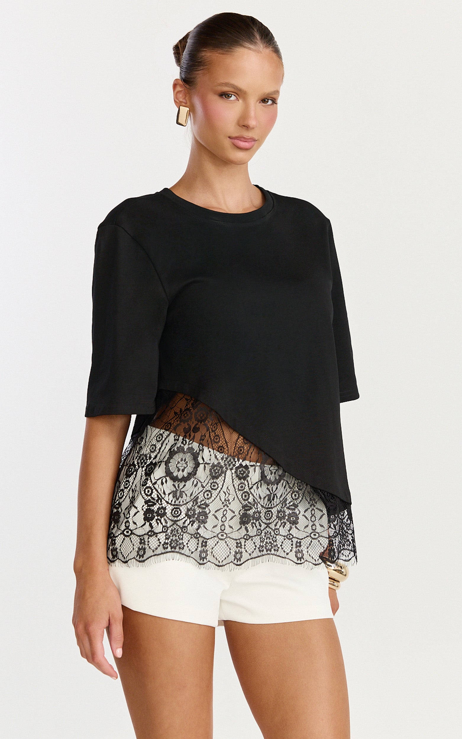 Abby Top - Asym Tee with Lace Trim in Black