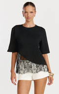Abby Top - Asym Tee with Lace Trim in Black