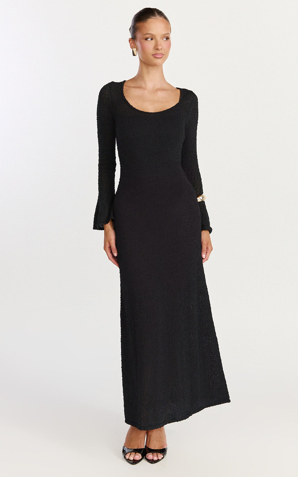 Michelle Maxi Dress - Scoop Neck Flute Sleeve Knit Maxi Dress in Black