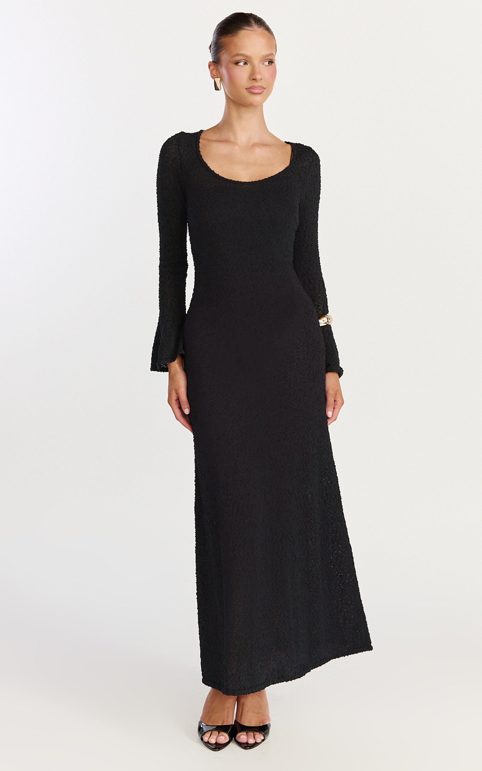 Michelle Maxi Dress - Scoop Neck Flute Sleeve Knit Maxi Dress in Black