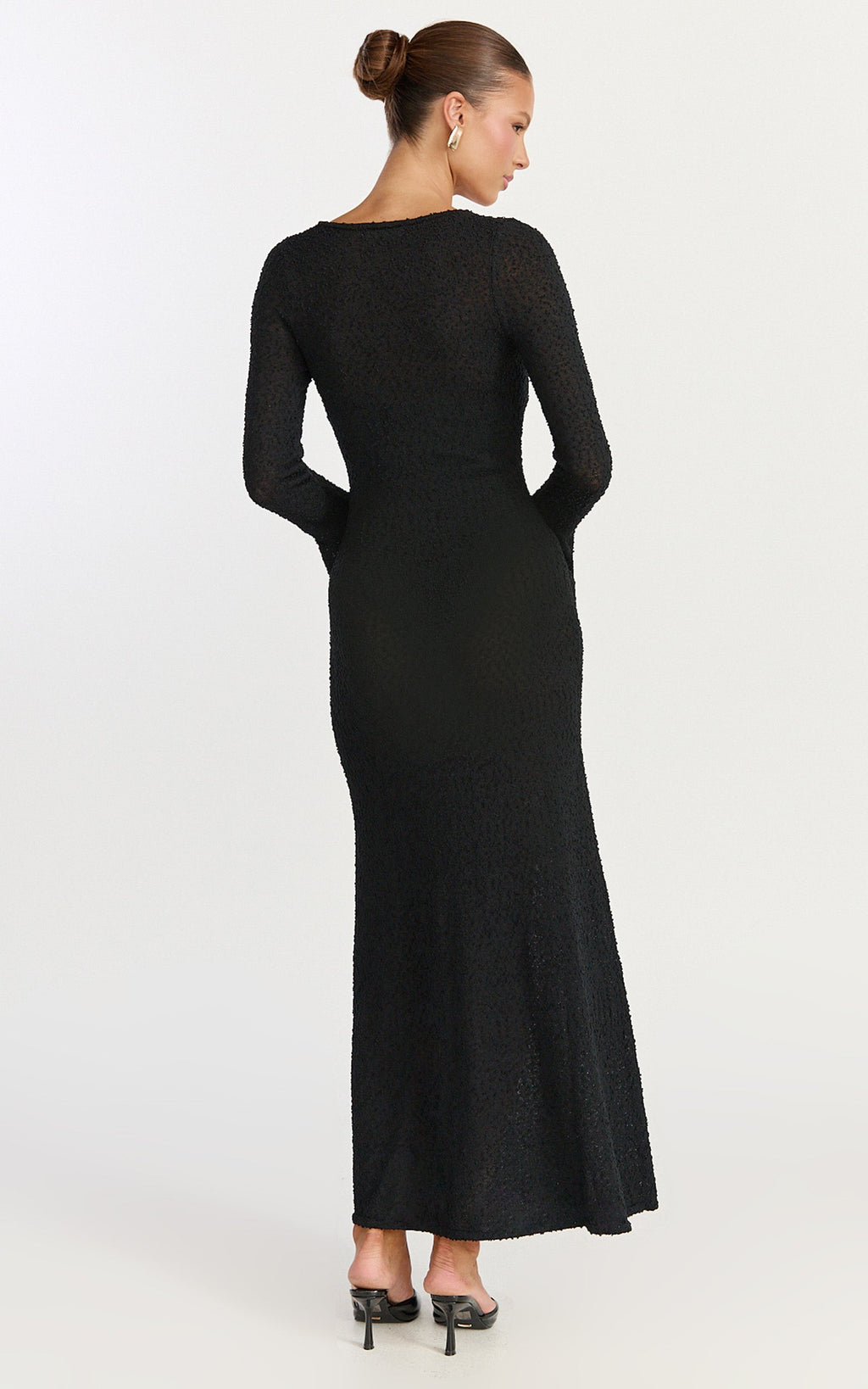 Michelle Maxi Dress - Scoop Neck Flute Sleeve Knit Maxi Dress in Black