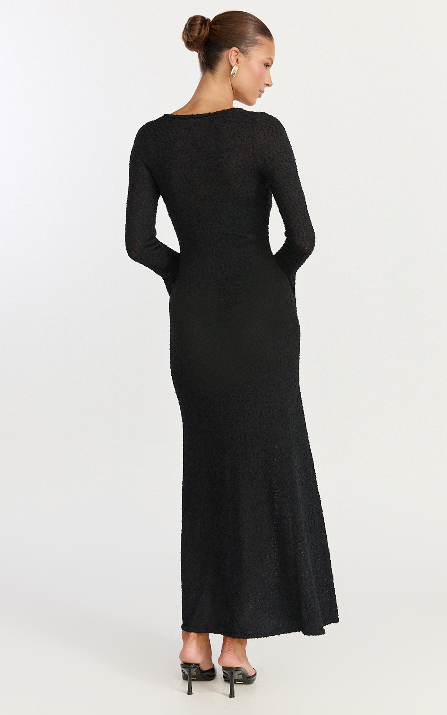 Michelle Maxi Dress - Scoop Neck Flute Sleeve Knit Maxi Dress in Black