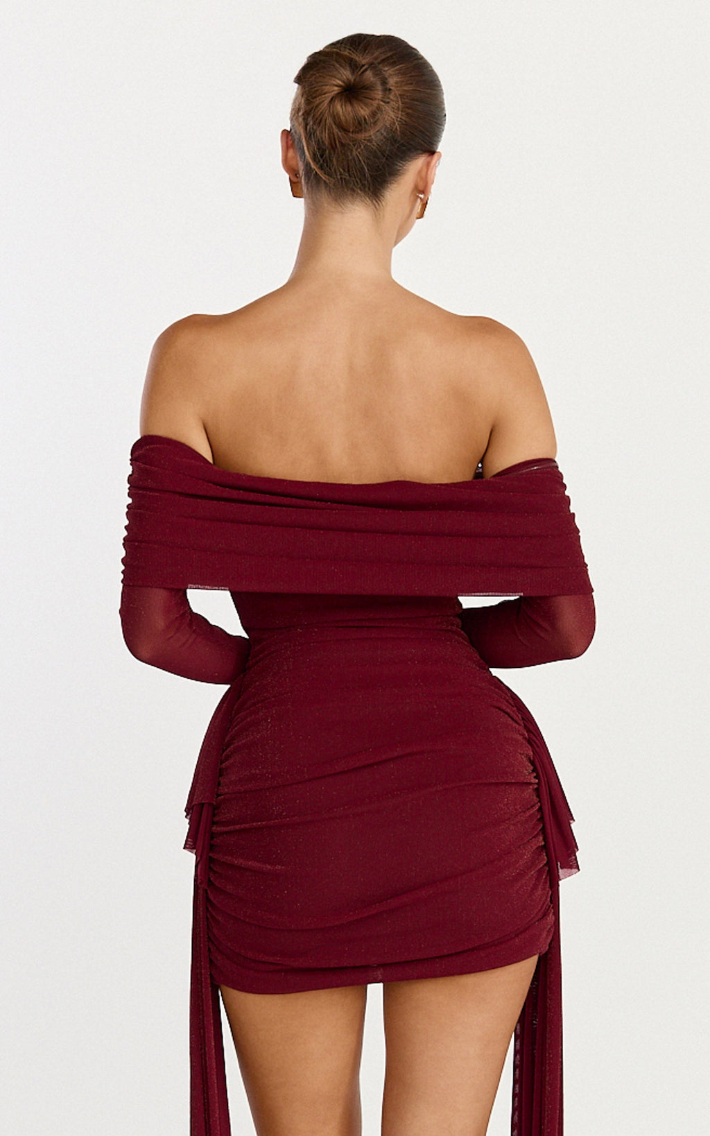 Coraline Mini Dress - Long Sleeve Off Shoulder Lurex Mesh Dress in Wine