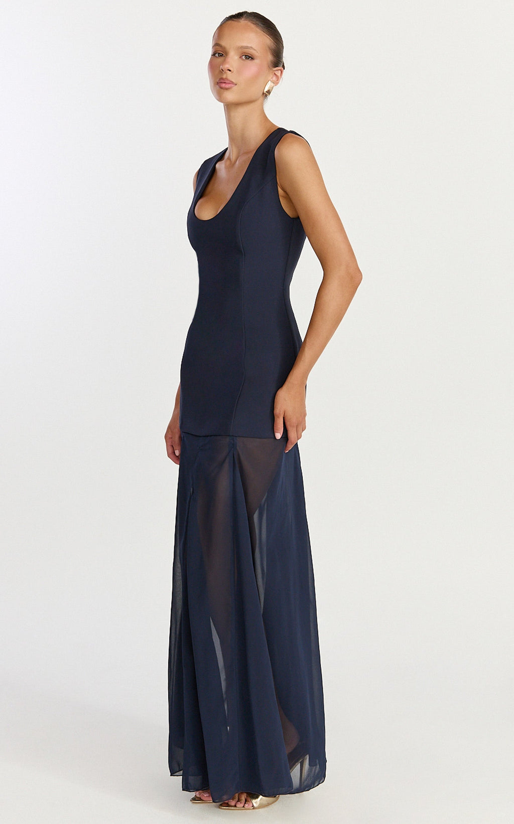 Frances Maxi Dress - Contrast U Neck Godet A Line Dress in Navy