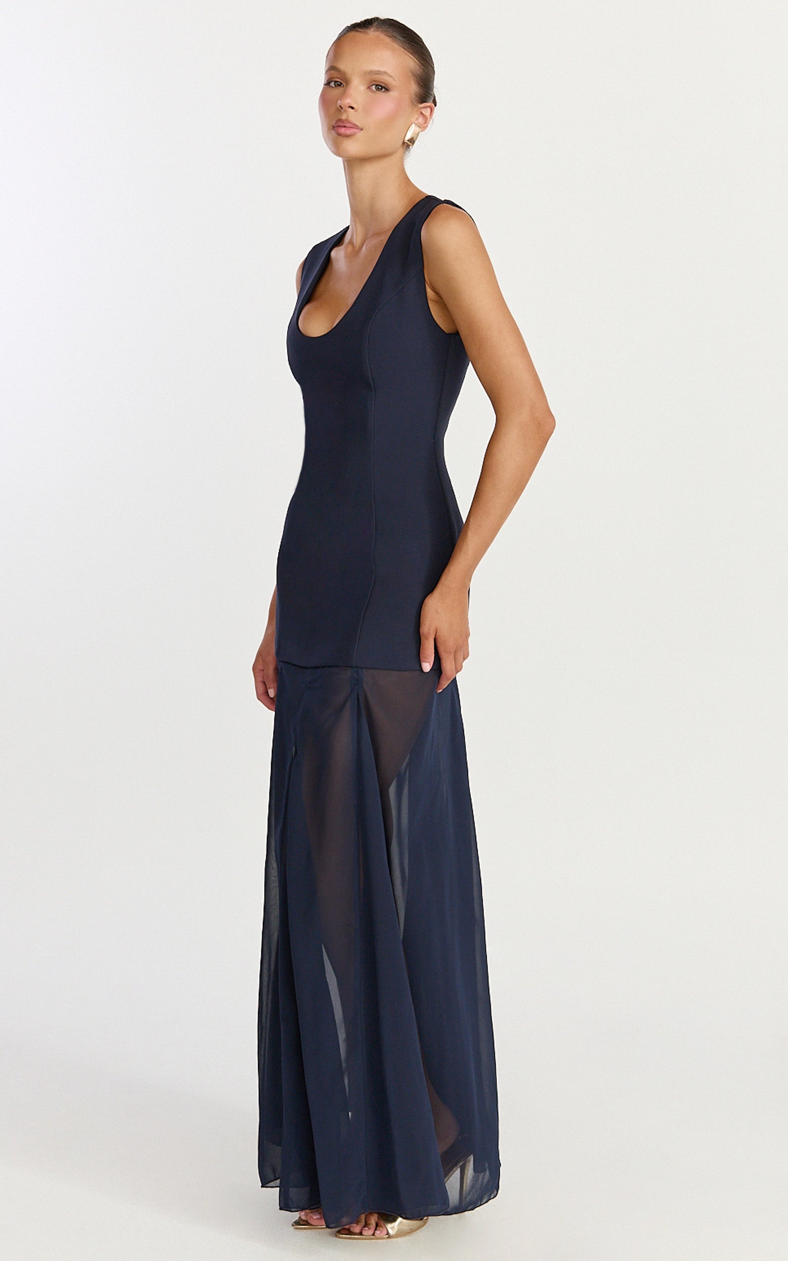 Frances Maxi Dress - Contrast U Neck Godet A Line Dress in Navy