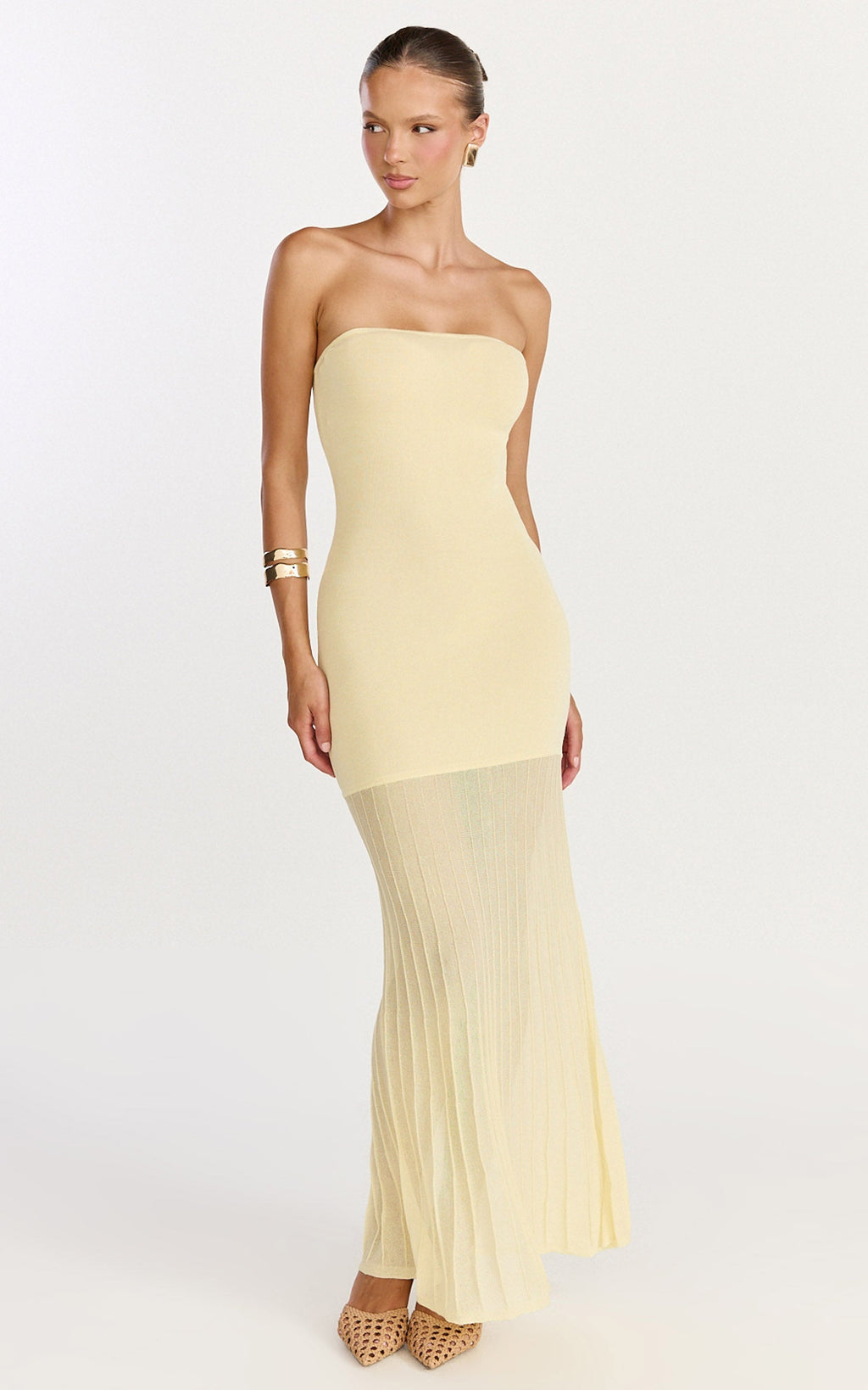 Lucy Maxi Dress - Strapless Pleated Skirt Knitted Dress in Lemon