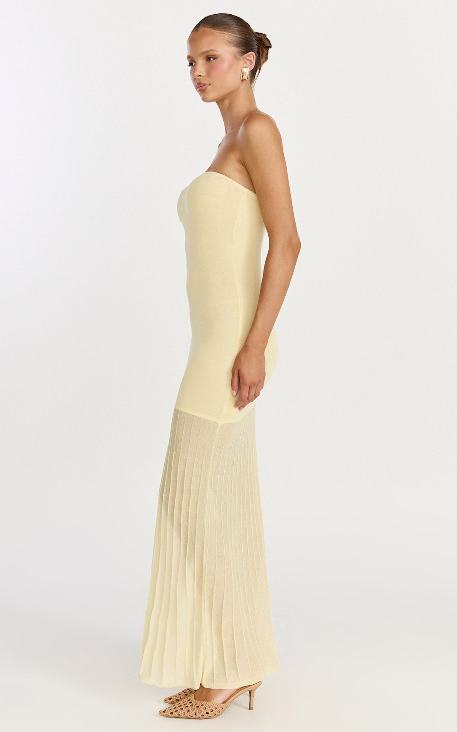 Lucy Maxi Dress - Strapless Pleated Skirt Knitted Dress in Lemon