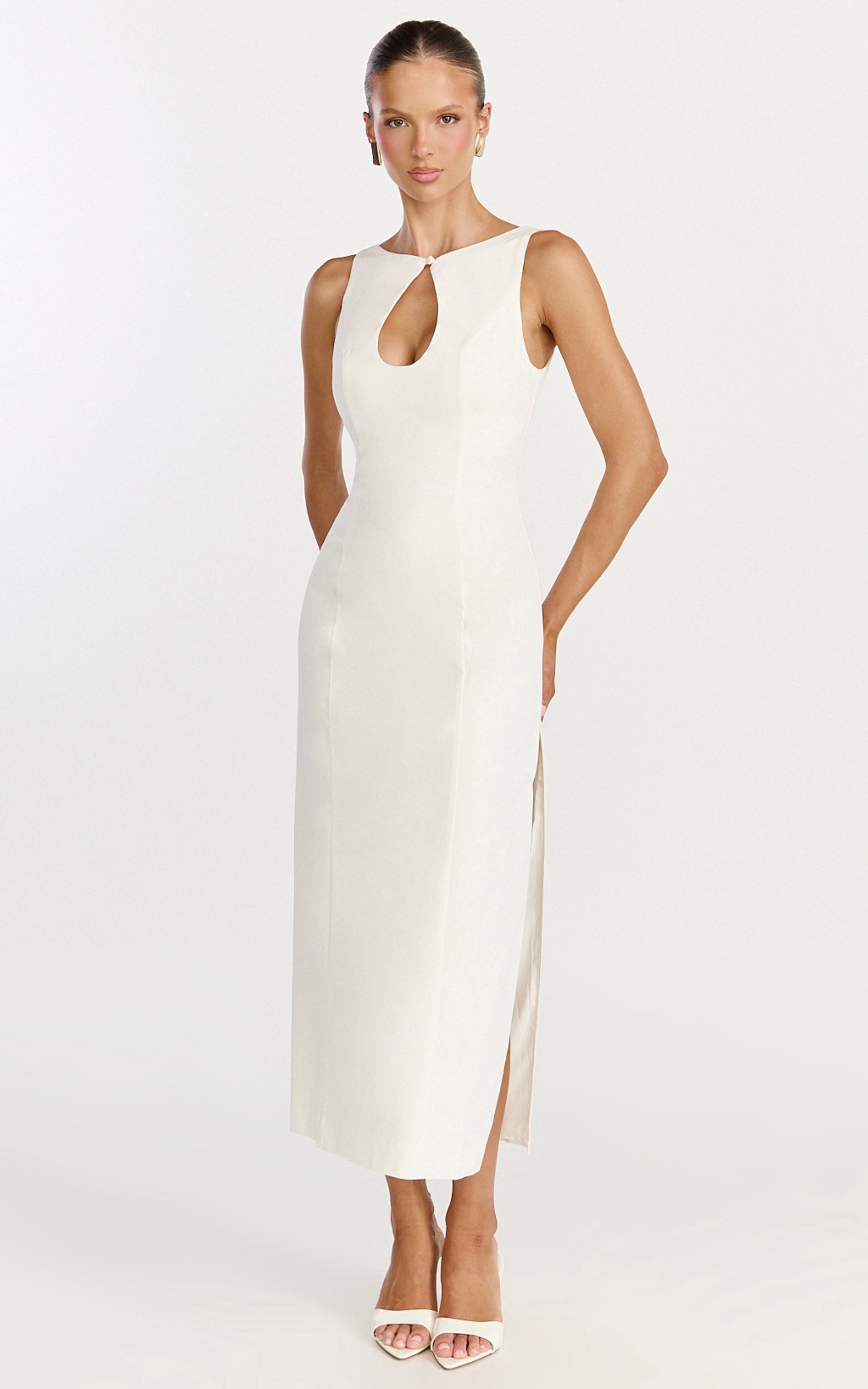 Lux Midi Dress - Front Keyhole Fitted Dress in White