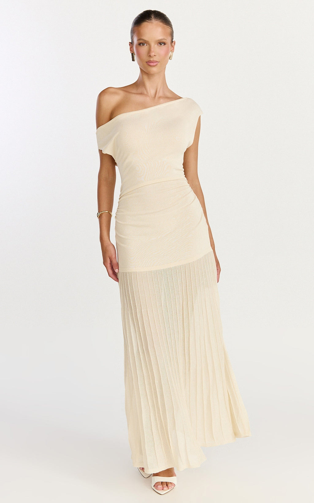 Roxy Maxi Dress - One Shoulder Pleated Skirt Knitted Dress in Cream